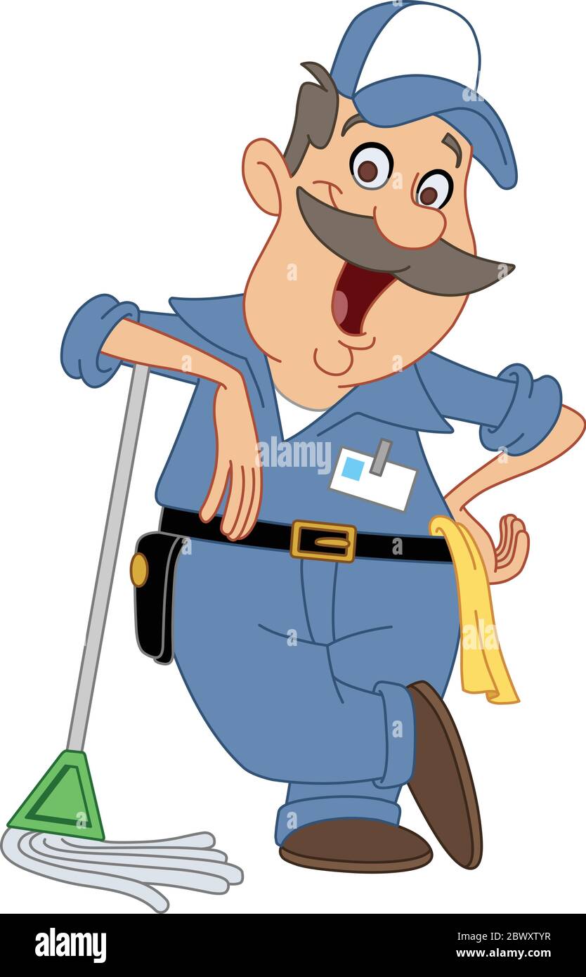 Concierge souriant, appuyé sur une vadrouille Illustration de Vecteur