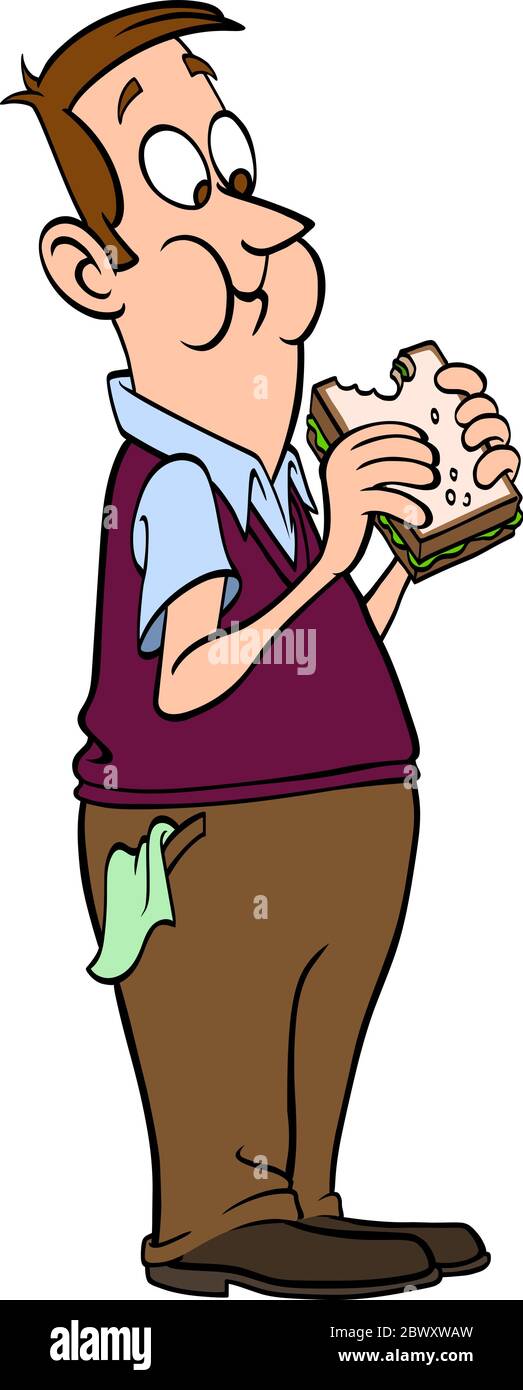 Un homme de chubby mangeant un sandwich en se tenant Illustration de Vecteur