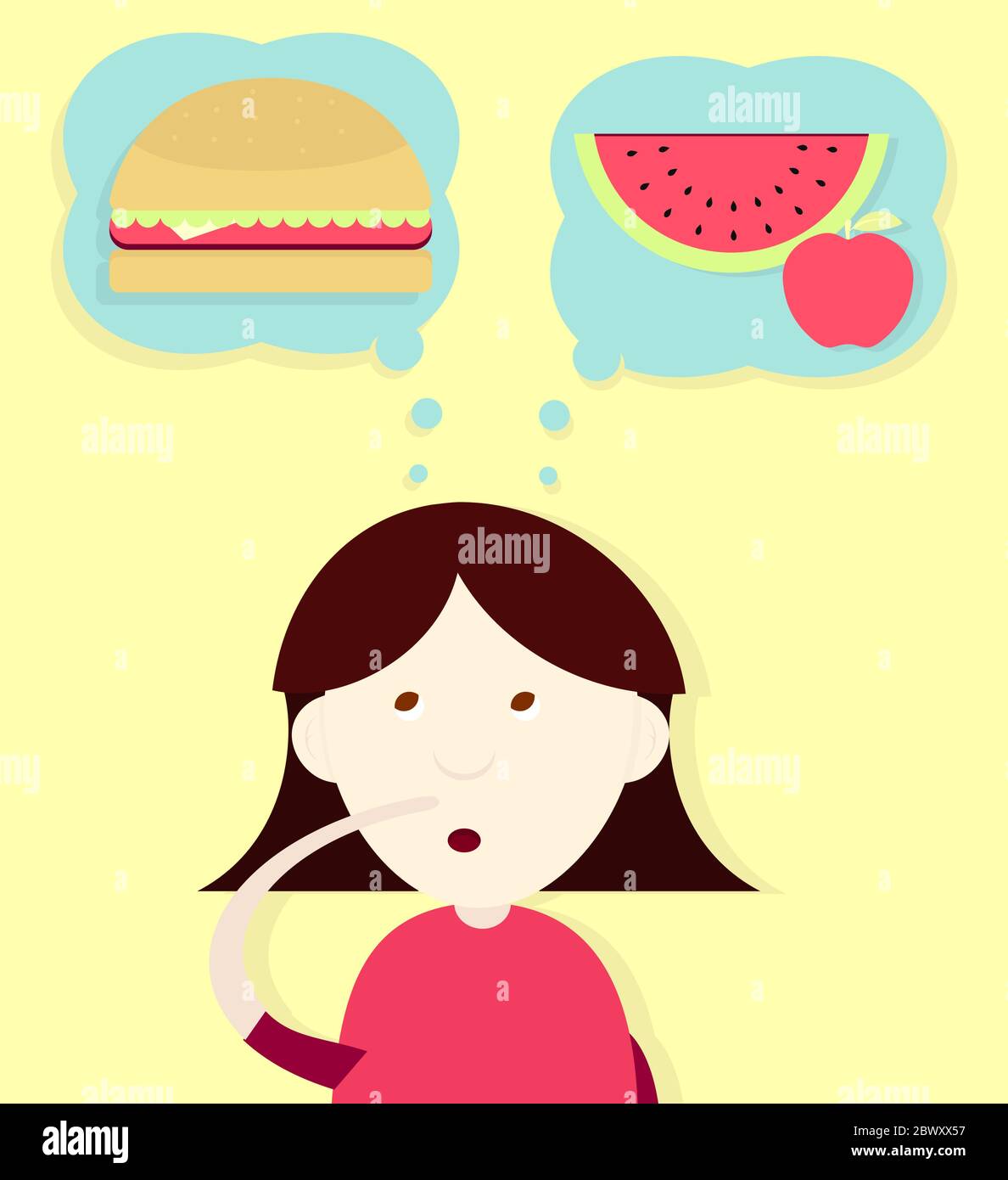 Fille pensant et décidant de manger un sandwich ou un fruit. Illustration de Vecteur