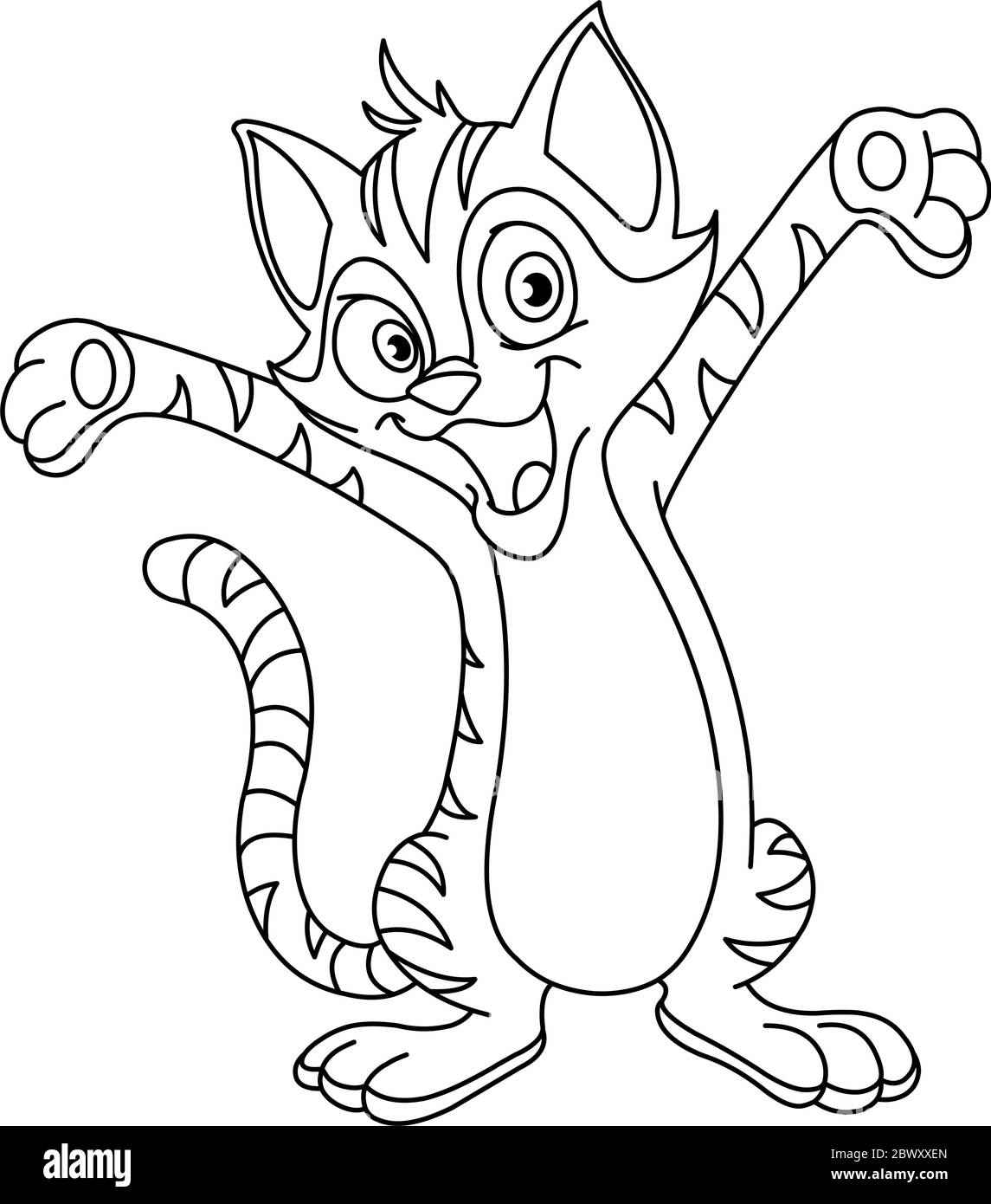 Décrit un chat heureux qui lui a relevé les mains. Page de coloriage d'illustration vectorielle. Illustration de Vecteur