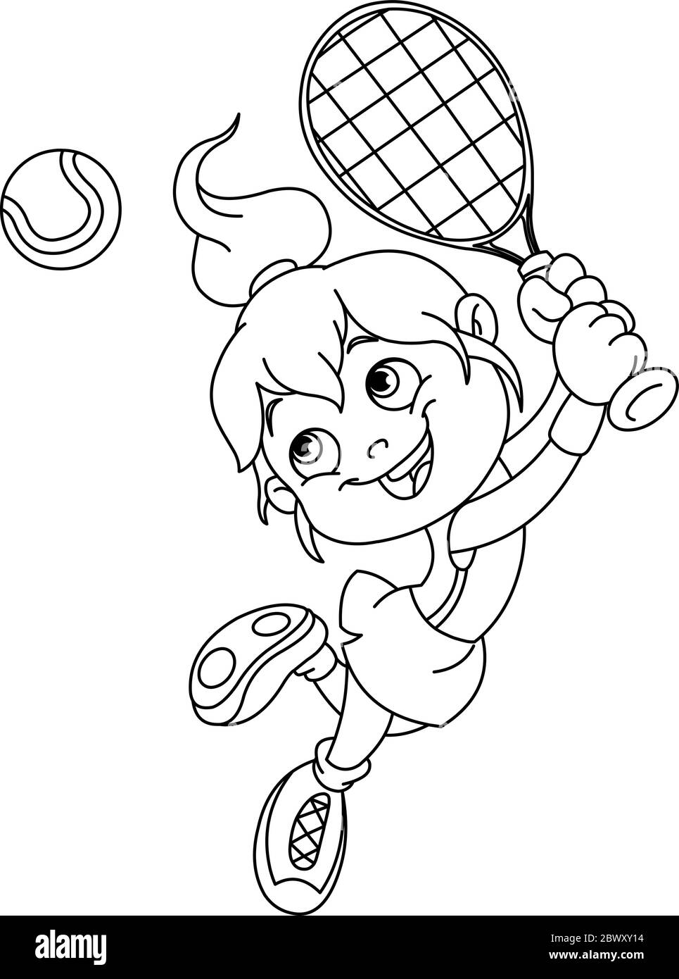 Décrit jeune fille jouant au tennis. Page de coloriage d'illustration vectorielle. Illustration de Vecteur