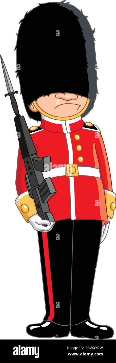 Dessin de caractère d'une garde de la reine en uniforme traditionnel, soldat britannique isolé sur blanc. Illustration de Vecteur
