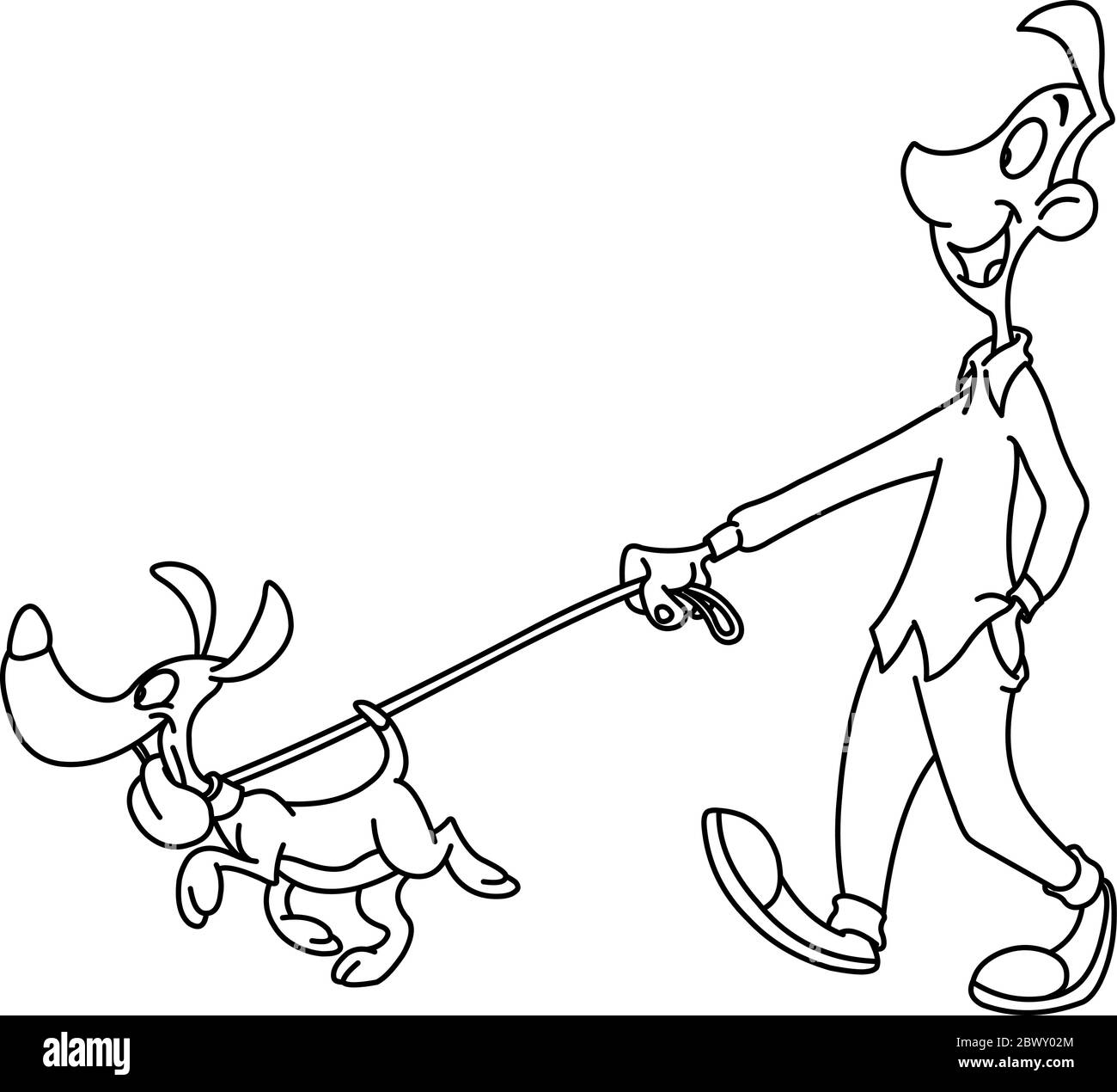 Homme décrit chien de marche. Page de coloriage d'illustration d'illustration d'illustration vectorielle. Illustration de Vecteur