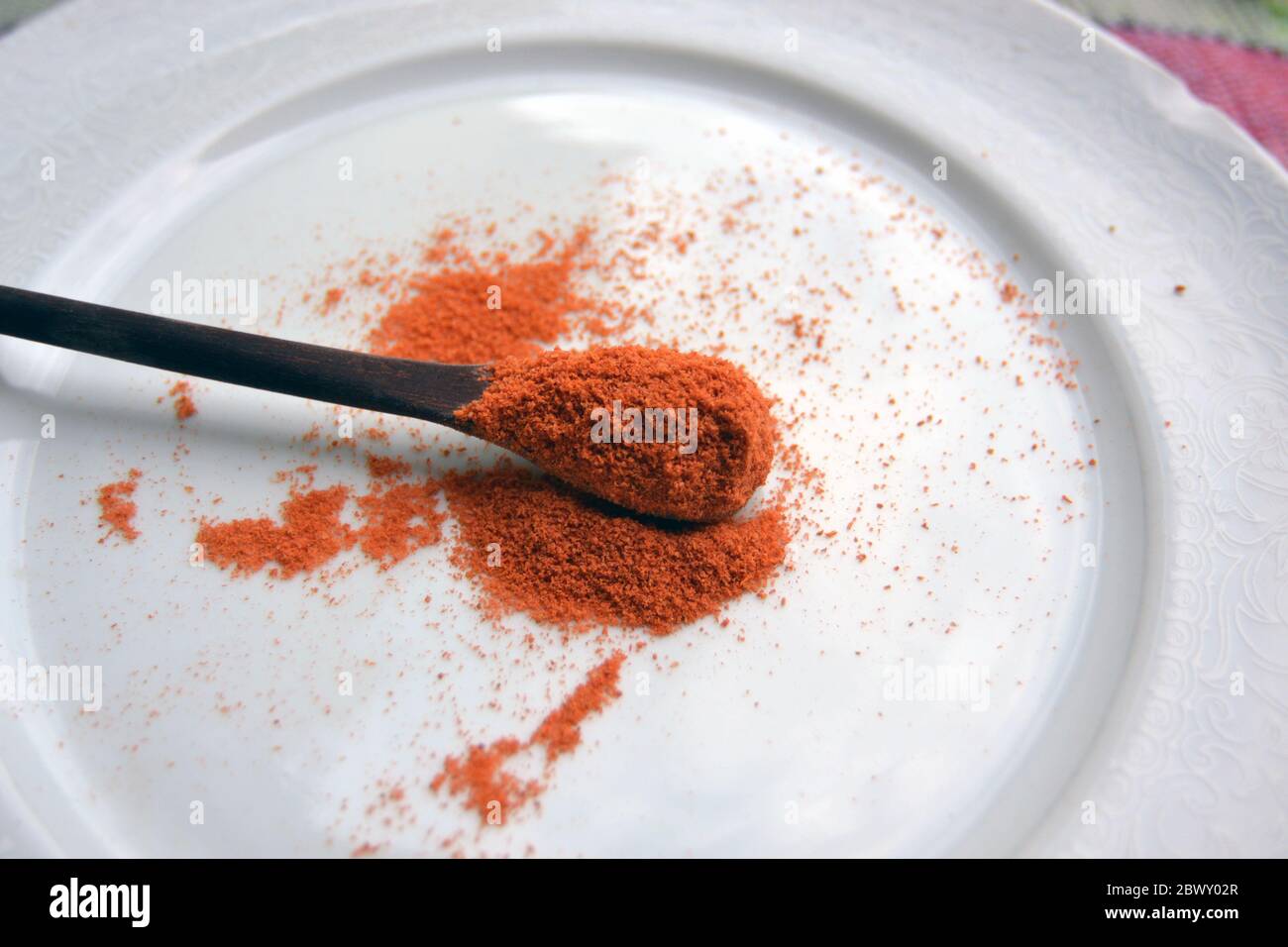 paprika épicé dans une cuillère en bois sur un plat blanc Banque D'Images