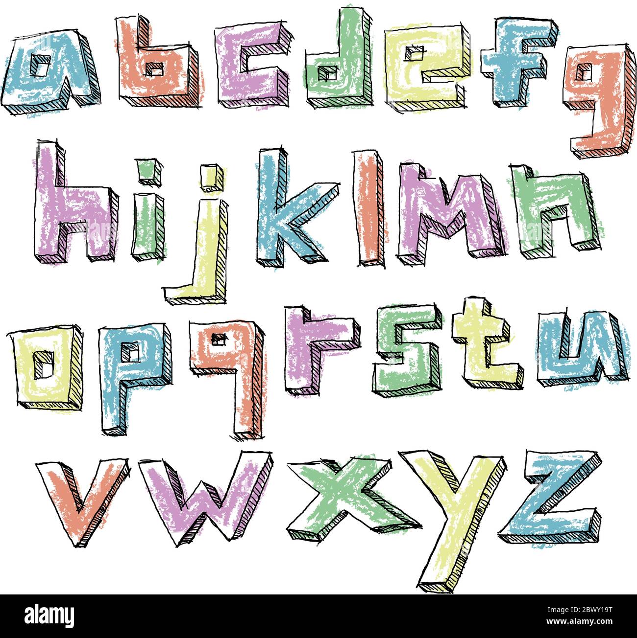 Alphabet minuscule dessiné à la main et coloré Illustration de Vecteur