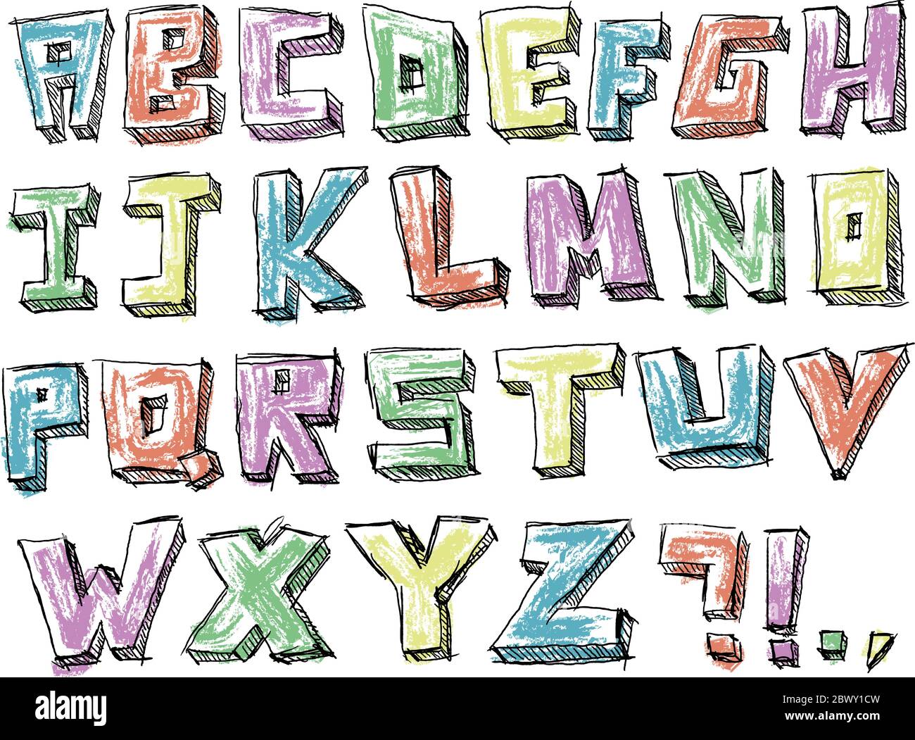 Alphabet dessiné à la main et coloré Illustration de Vecteur