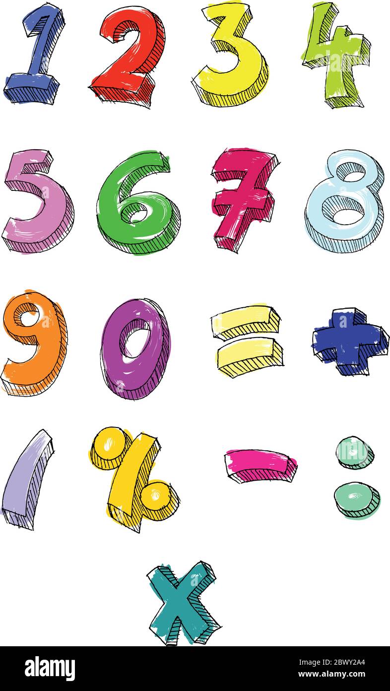 Nombres vectoriels colorés dessinés à la main Illustration de Vecteur