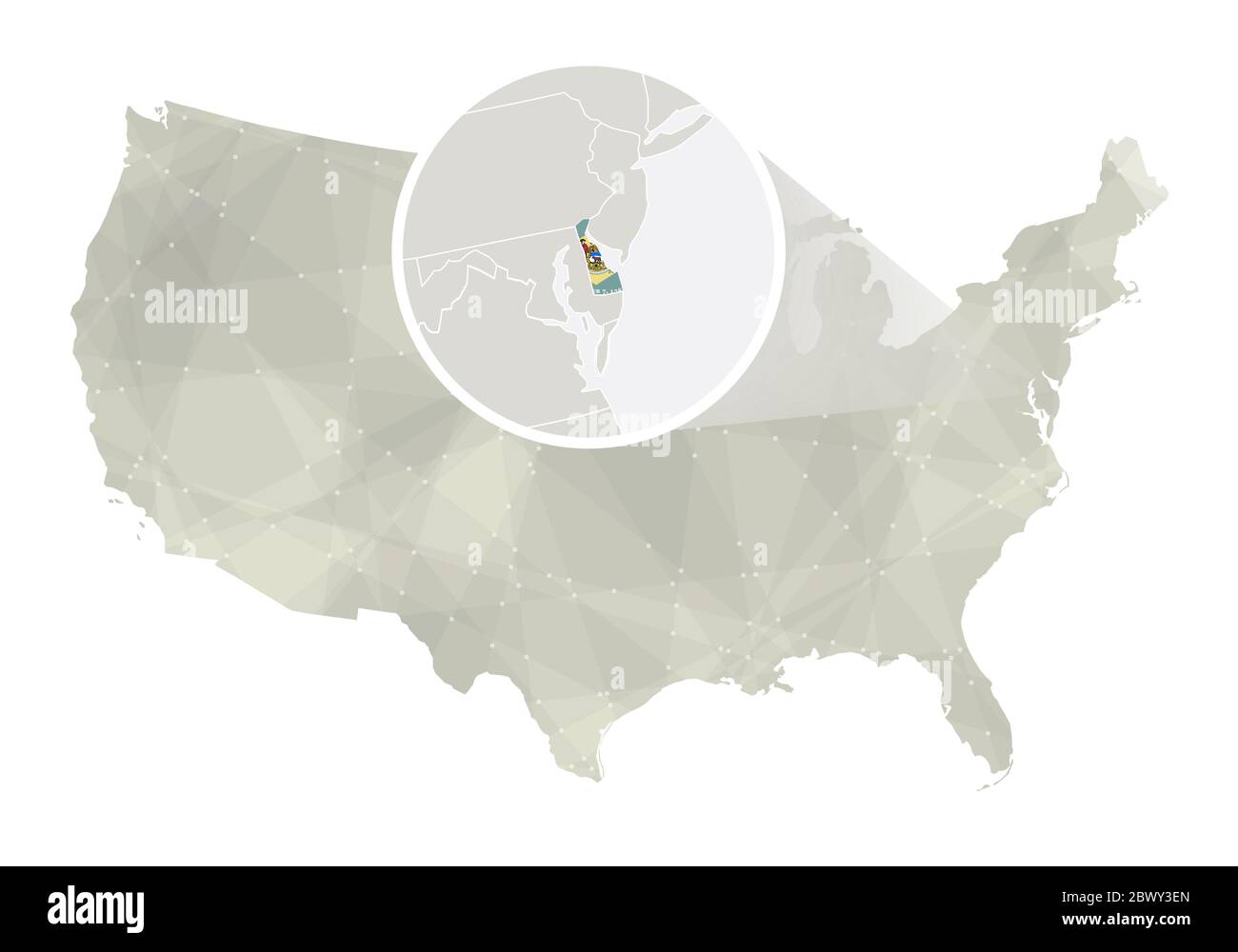 Carte polygonale abstraite des États-Unis avec état du Delaware agrandi. Carte et drapeau de l'état du Delaware. Carte vectorielle DES ÉTATS-UNIS et du Delaware. Illustration vectorielle. Illustration de Vecteur