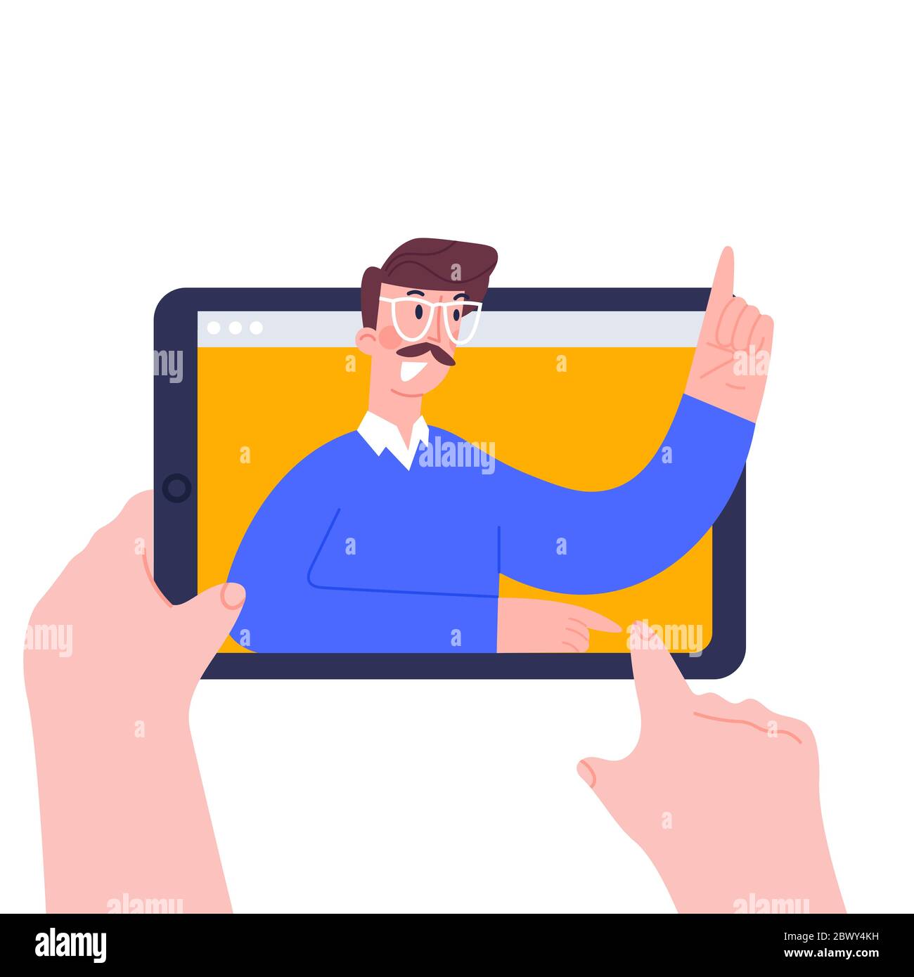 Utilisation d'un PC tablette numérique pour les cours à distance, les cours vidéo, les séminaires Web, les cours Internet, les services personnels d'enseignants.formation en ligne pour l'école et Illustration de Vecteur