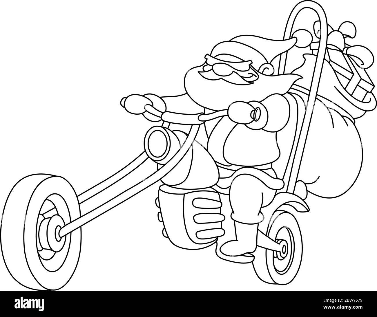 A souligné le père Noël sur une moto. Vecteur, page de coloriage d'illustration. Illustration de Vecteur