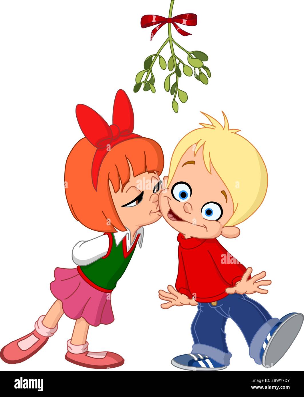 Jeune fille embrassant garçon sous un GUI. Illustration de Noël. Illustration de Vecteur