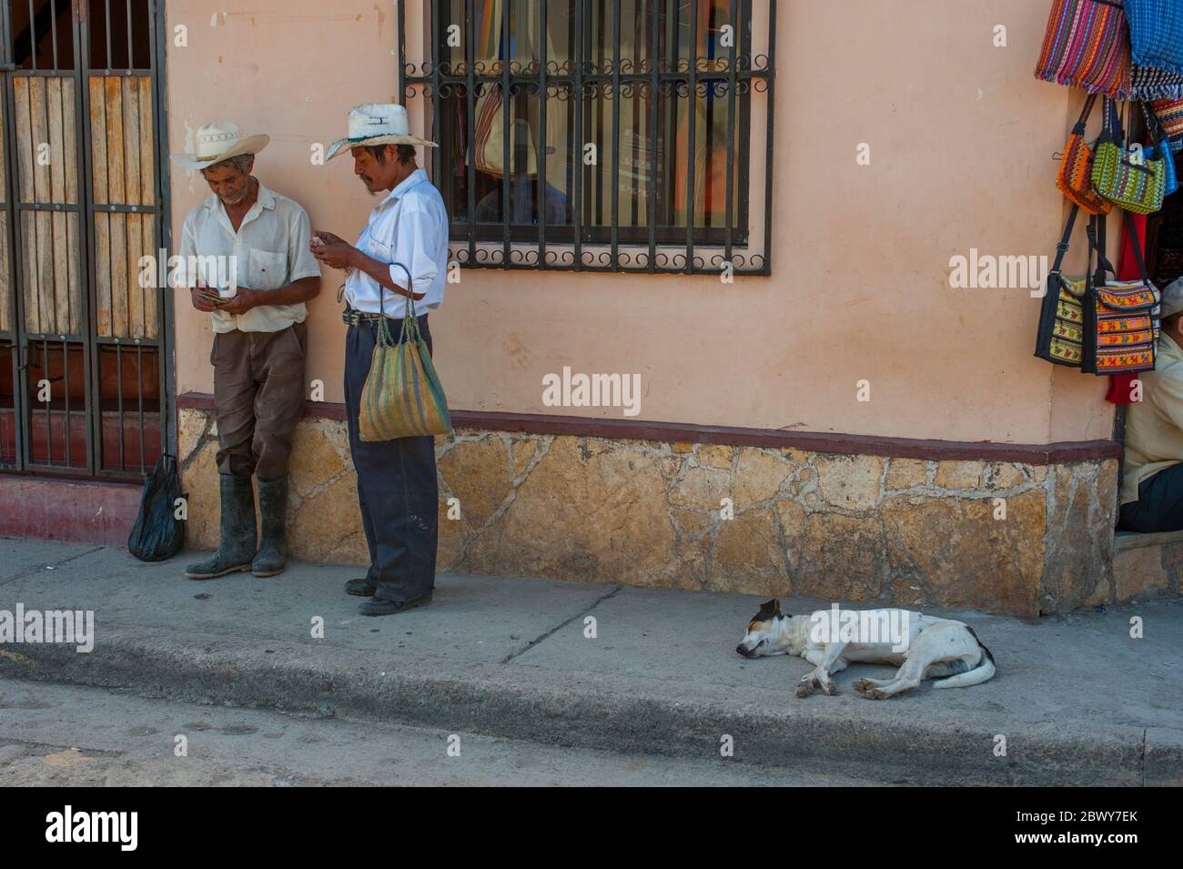 Scène de rue avec des hommes locaux et un chien dans la petite ville de Copan, au Honduras. Banque D'Images