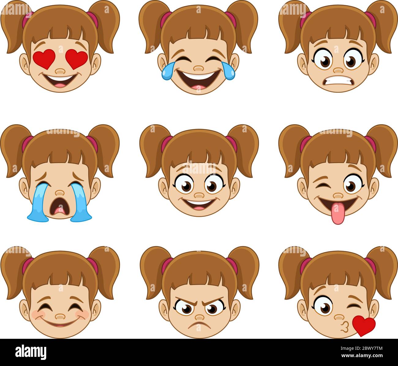 Emoji visage expressions collection d'une jeune fille avec des queues de cheval Illustration de Vecteur