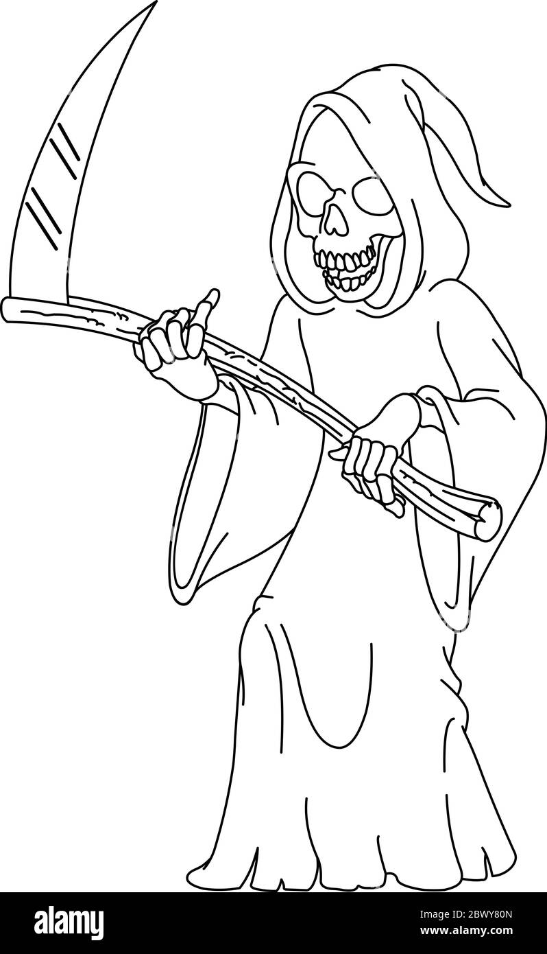 Décrit un riant sinistre couche tenant un scythe. Page de coloriage d'illustration d'illustration d'illustration vectorielle. Illustration de Vecteur