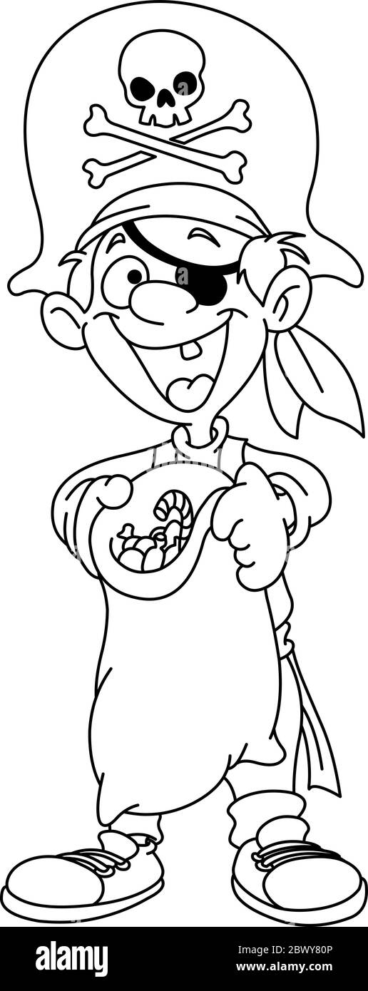 Un enfant heureux a été mis en scène dans un costume de pirate qui contient un sac de friandises ou de friandises rempli de bonbons. Page de coloriage d'illustration d'illustration d'illustration vectorielle. Illustration de Vecteur