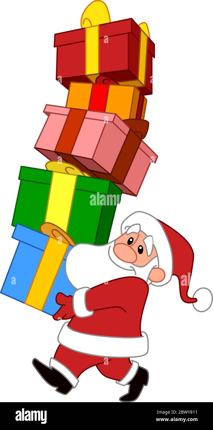 Clause Smiling Santa portant une pile de boîtes-cadeaux colorées Illustration de Vecteur