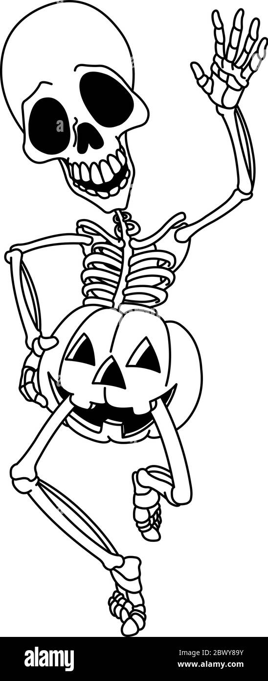Décrit Happy Dancing et porte un squelette de citrouille de jackolantern. Page de coloriage d'illustration d'illustration d'illustration vectorielle. Illustration de Vecteur