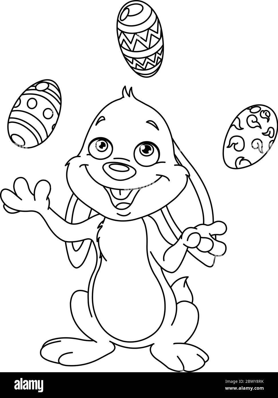 On y décrit les œufs de Pâques qui jonglent avec un lapin heureux. Page de coloriage d'illustration d'illustration d'illustration vectorielle. Illustration de Vecteur