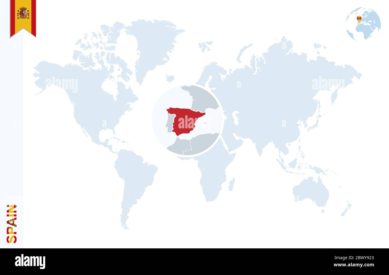 Carte Du Monde Avec Agrandissement Sur L Espagne Globe Terrestre Bleu Avec Broche Drapeau Espagnol Zoom Sur La Carte De L Espagne Illustration Vectorielle Image Vectorielle Stock Alamy