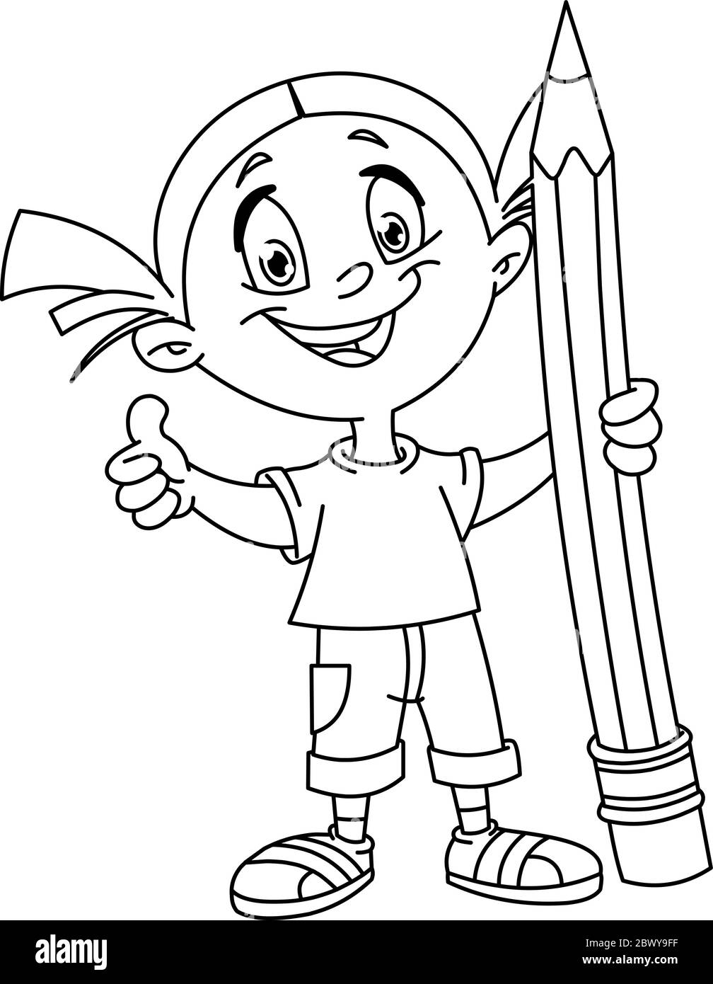 Une jeune fille entourée d'un gros crayon et montrant le pouce vers le haut. Page de coloriage d'illustration vectorielle. Illustration de Vecteur