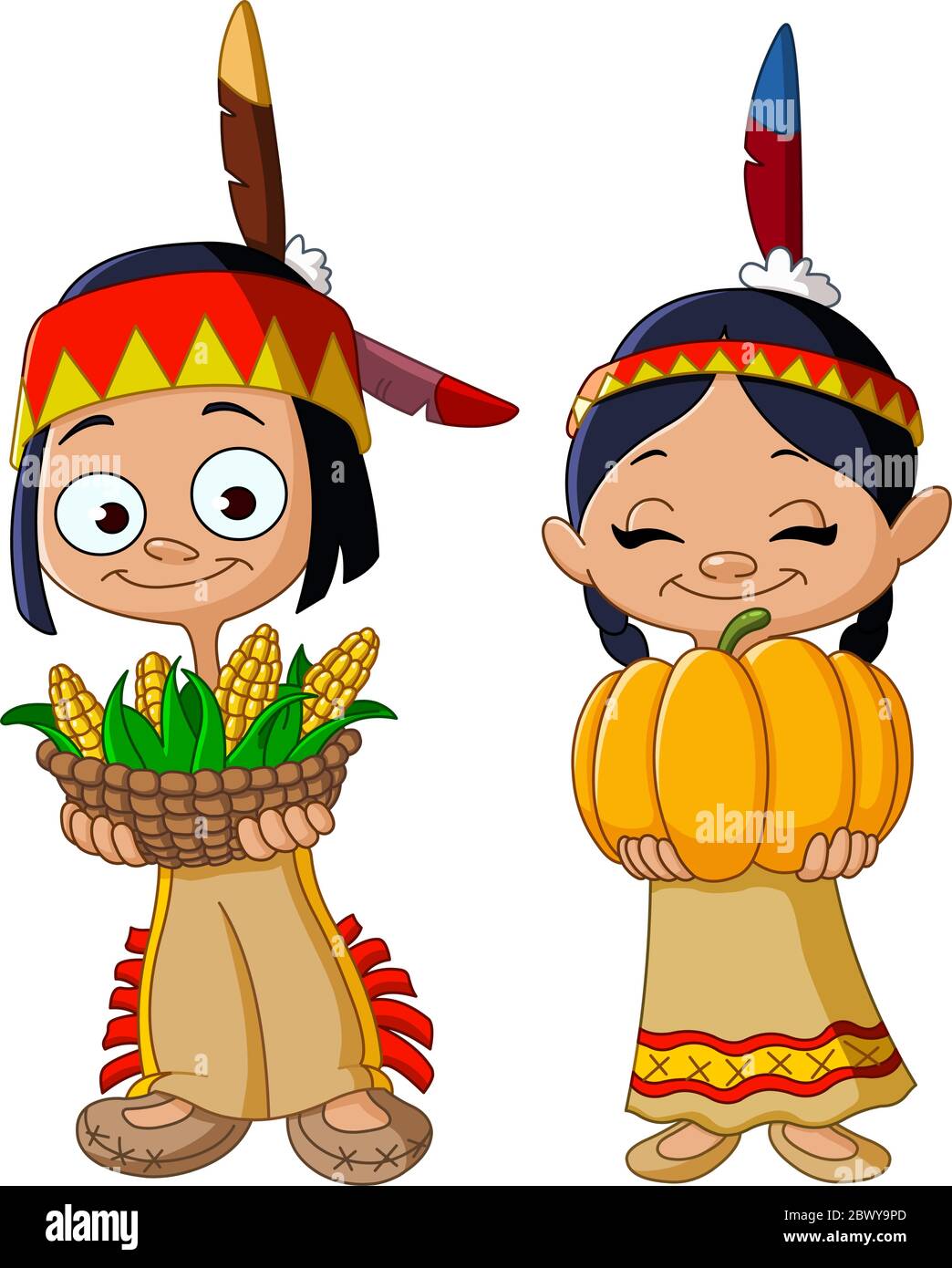 Les enfants indiens américains partagent la nourriture pour Thanksgiving Illustration de Vecteur