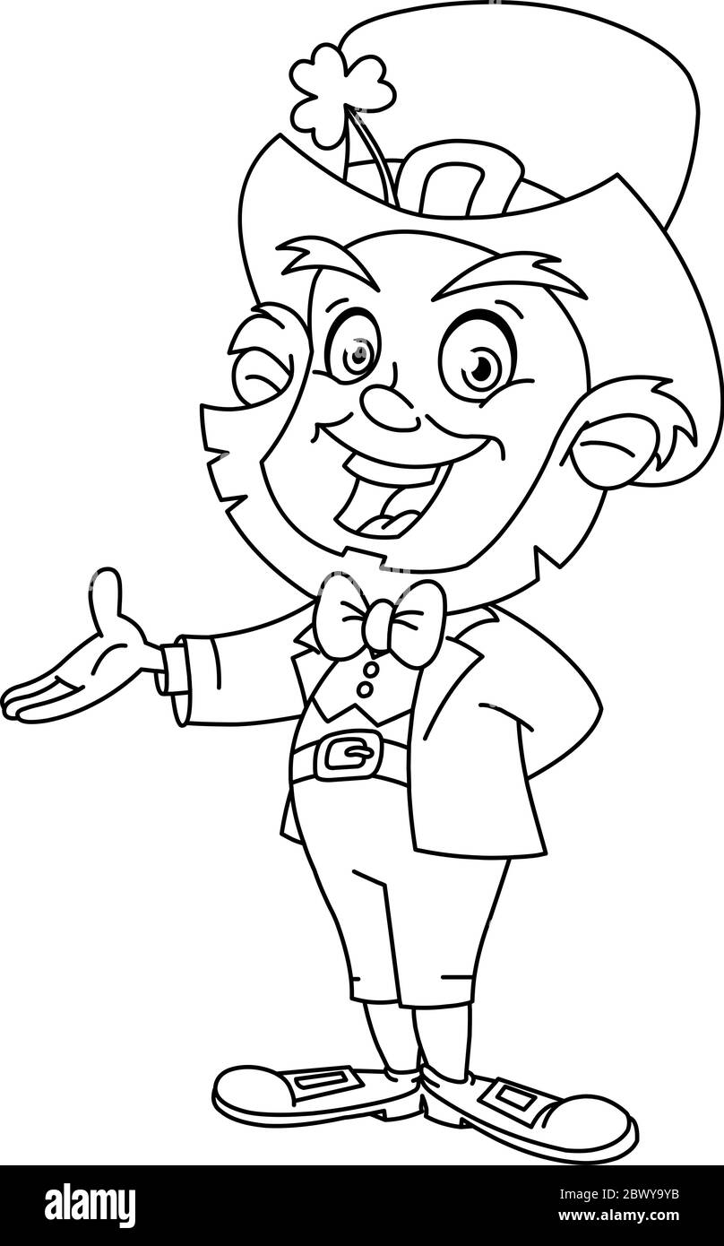 A souligné leprechun en présentant avec sa main. Page de coloriage Illustration de Vecteur