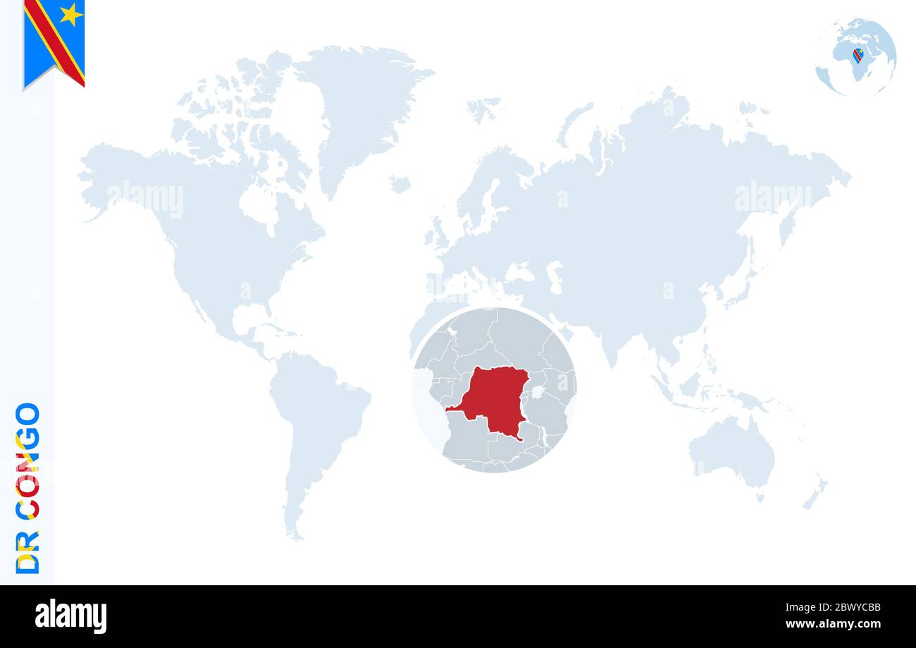 Carte du monde avec agrandissement sur la République démocratique du Congo. Globe terrestre bleu avec broche drapeau RD Congo. Zoom sur la carte DRC. Illustration vectorielle Illustration de Vecteur