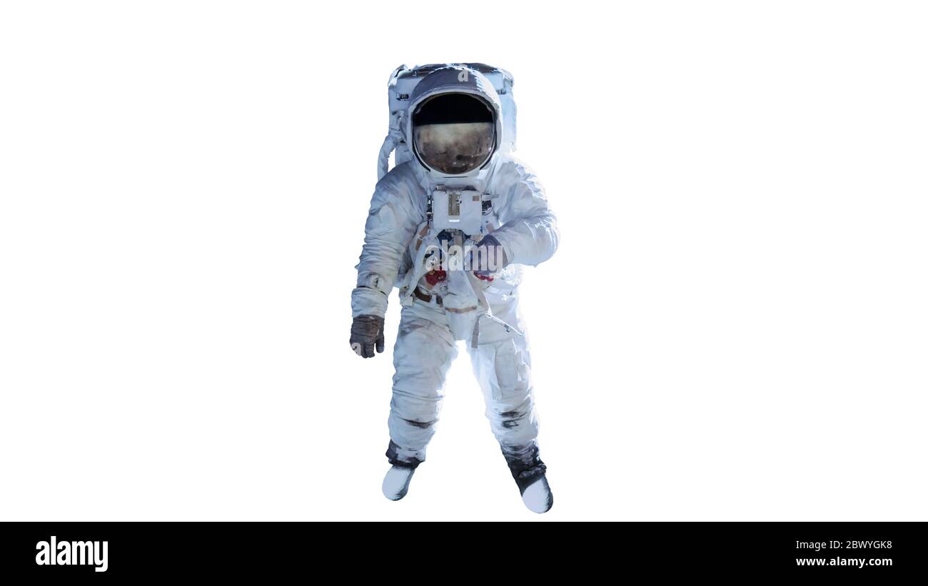 Astronaute à espace unique avec verre noir sur le casque isolé sur fond blanc. Des éléments de cette image ont été fournis par la NASA Banque D'Images