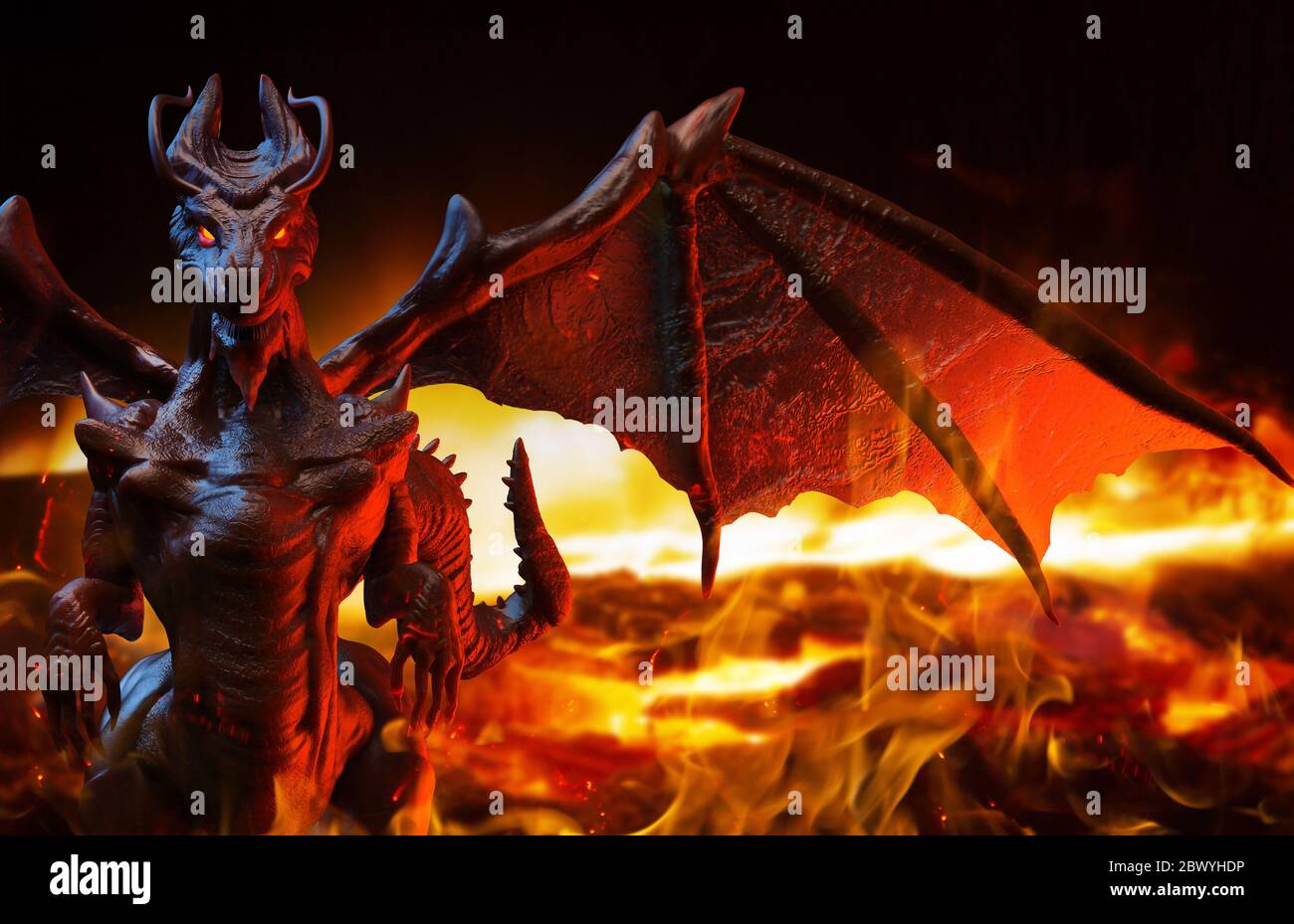 illustration 3d de rendu de la créature dragon fantastique debout dans la vue de face de la grotte de feu. Banque D'Images