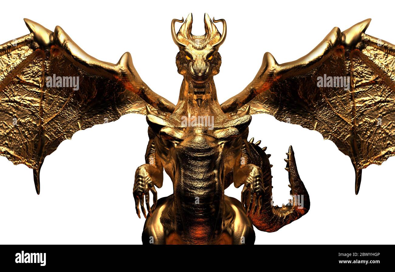 Rendu 3d isolé illustration de la créature de dragon d'or fantastique debout vue de face. Banque D'Images