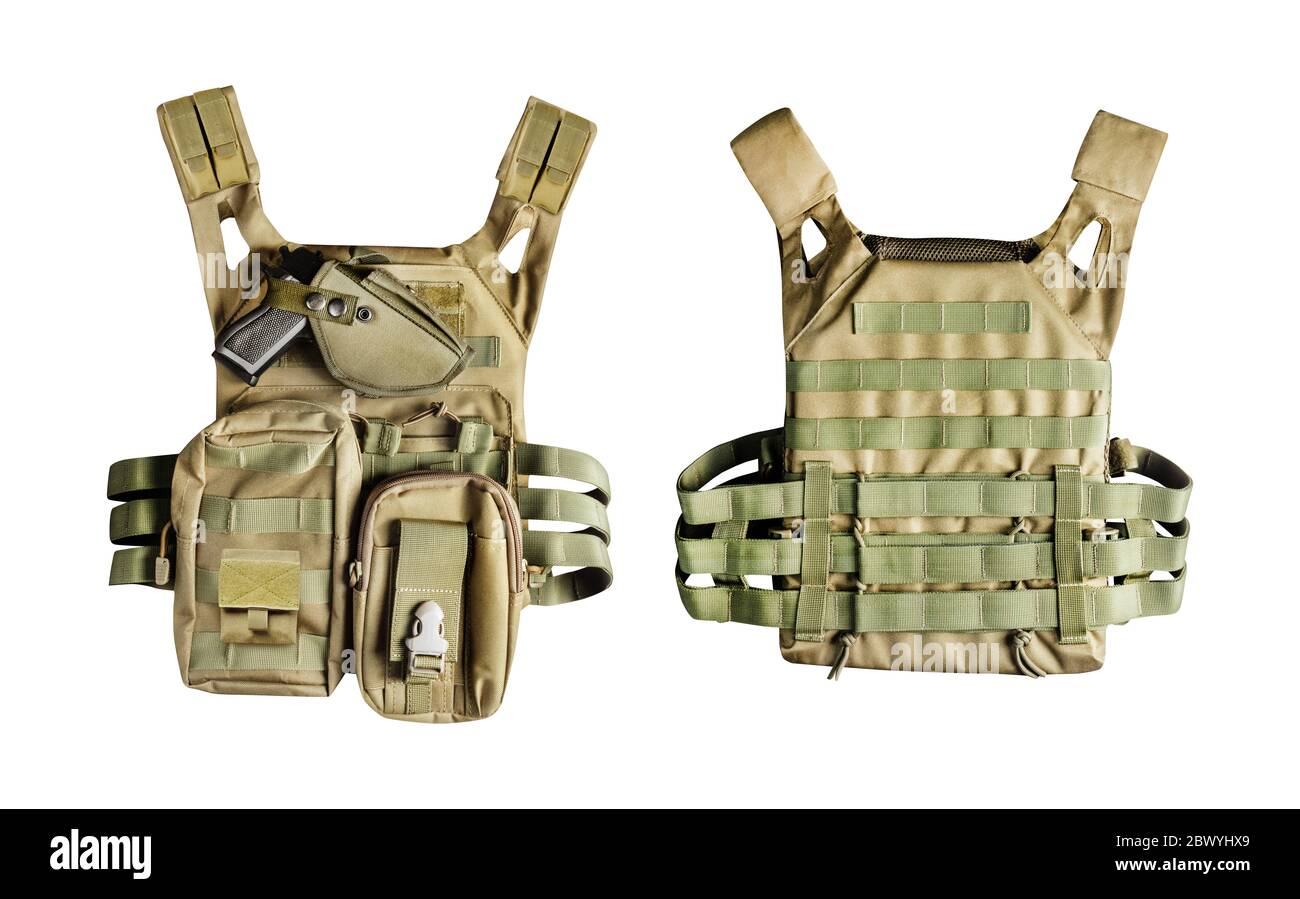 Photo isolée d'une armure militaire olive tactique gilet système molle avec pochettes, vue avant et arrière sur fond blanc. Banque D'Images