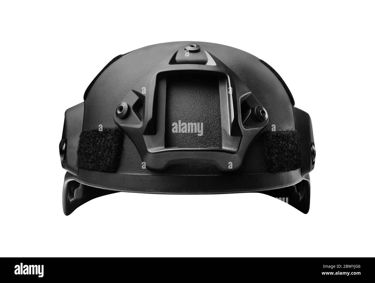 Photo isolée d'un casque de soldat noir vue de face. Banque D'Images