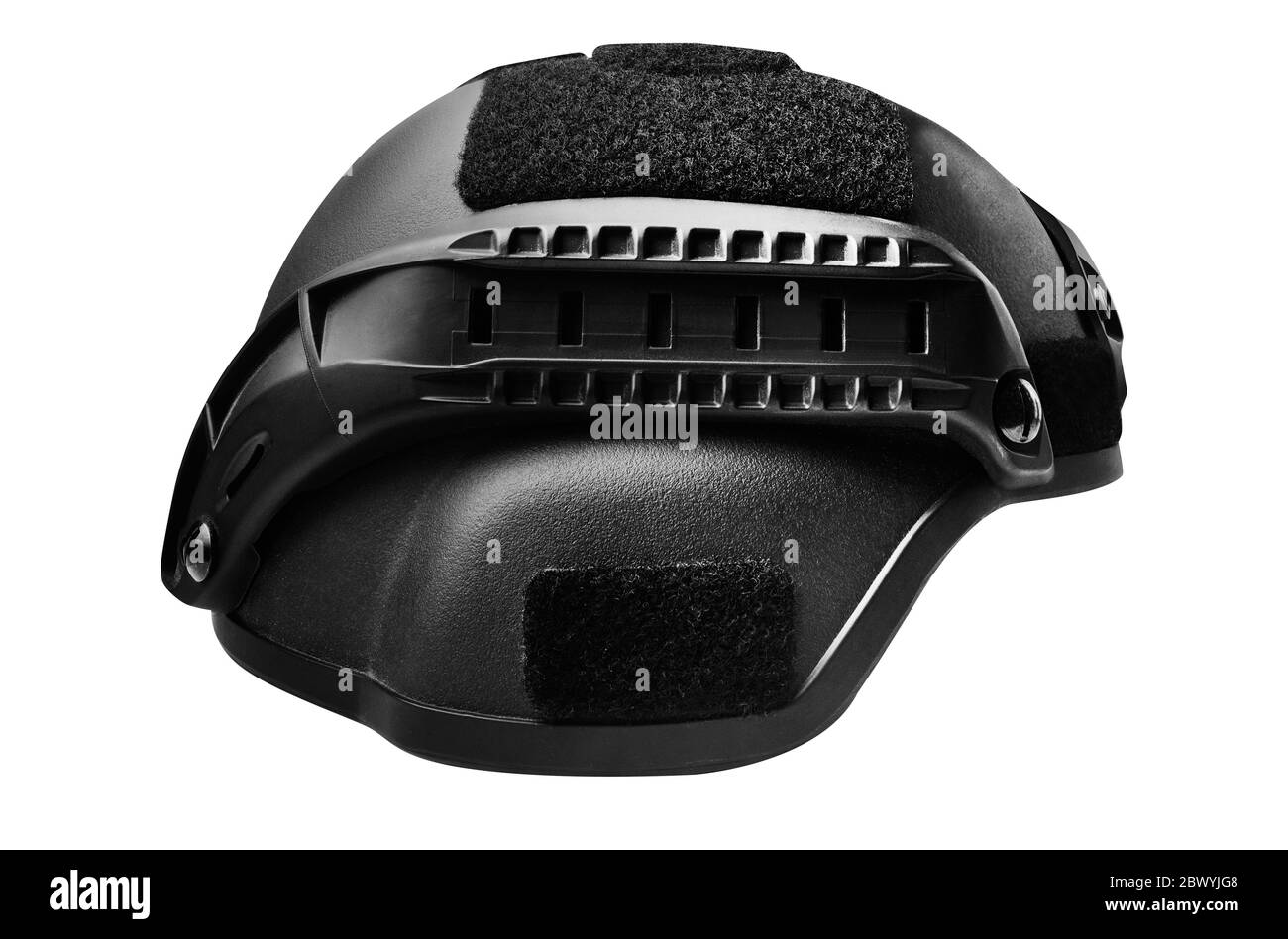 Photo isolée d'un casque de soldat noir vue latérale. Banque D'Images