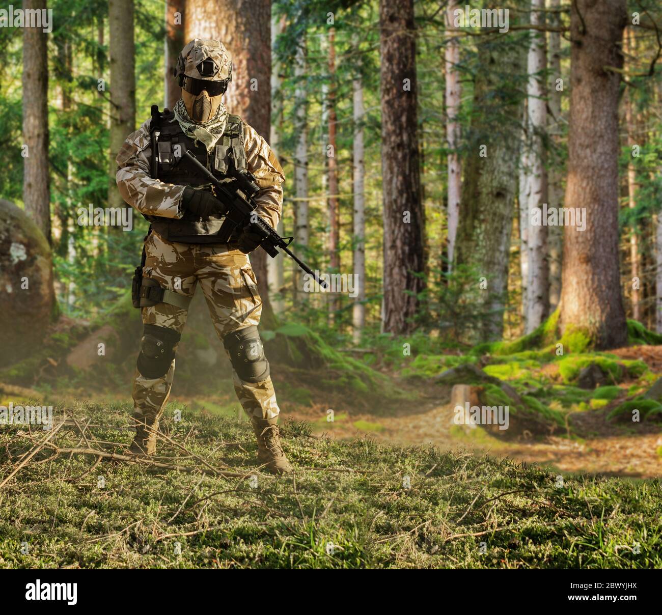 Photo d'un soldat entièrement équipé en tenue, armure, casque, lunettes  avec carabine automatique posant sur fond de forêt vue avant Photo Stock -  Alamy