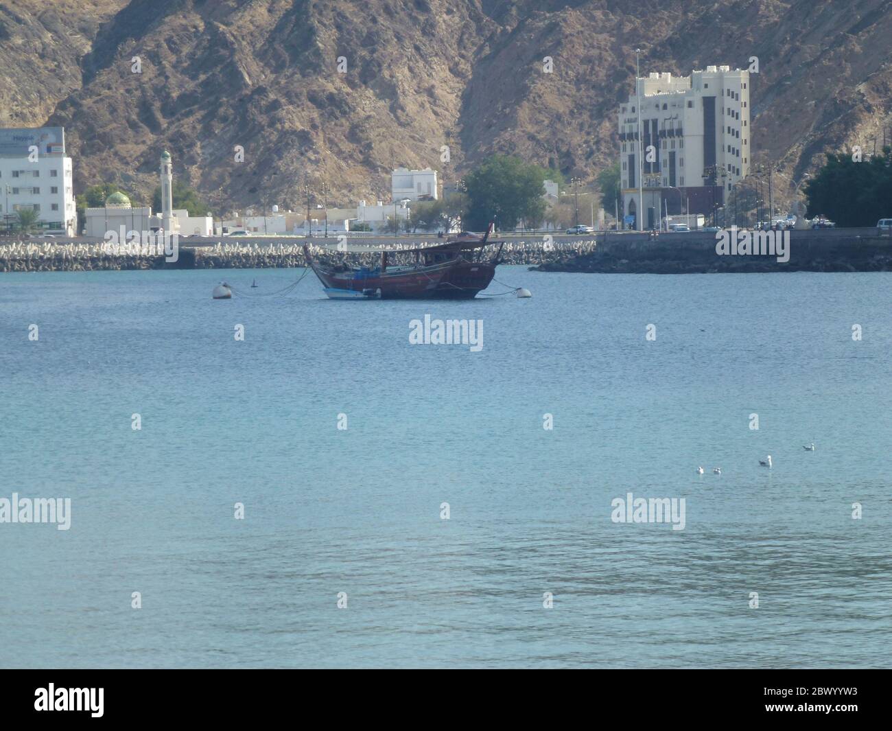 Muscat, la capitale portuaire d'Oman, est située sur le golfe d'Oman, entouré de montagnes et de désert. Oman, officiellement le Sultanat d'Oman, est un pays situé sur la côte sud-est de la péninsule arabe en Asie occidentale. Avec son histoire remontant à l'antiquité, il mélange des gratte-ciels et des centres commerciaux haut de gamme avec des sites au sommet de la falaise tels que les forts portugais du XVIe siècle, Al Jalali et Mirani, qui se dresse au-dessus du port de Muscat. Banque D'Images