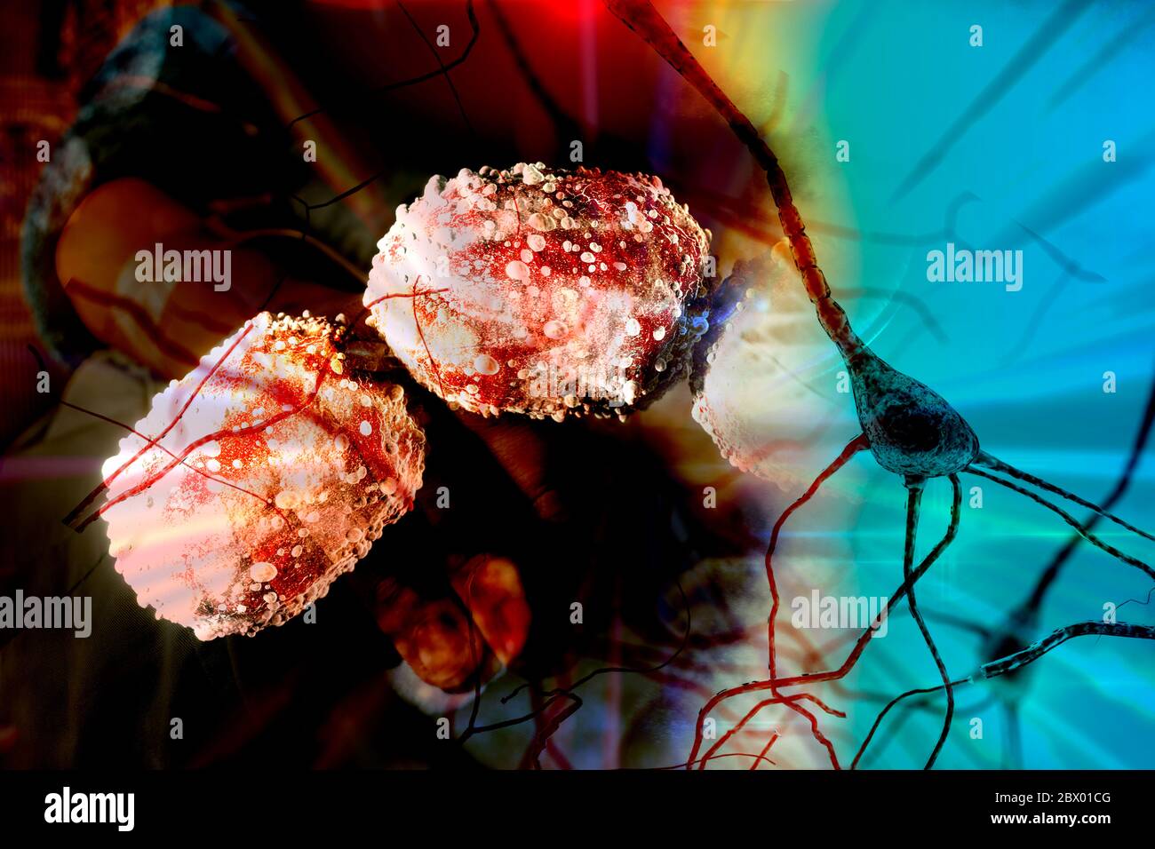 Concept de bactéries et de neurones cerveau manger des bactéries et de super bactéries conception Banque D'Images