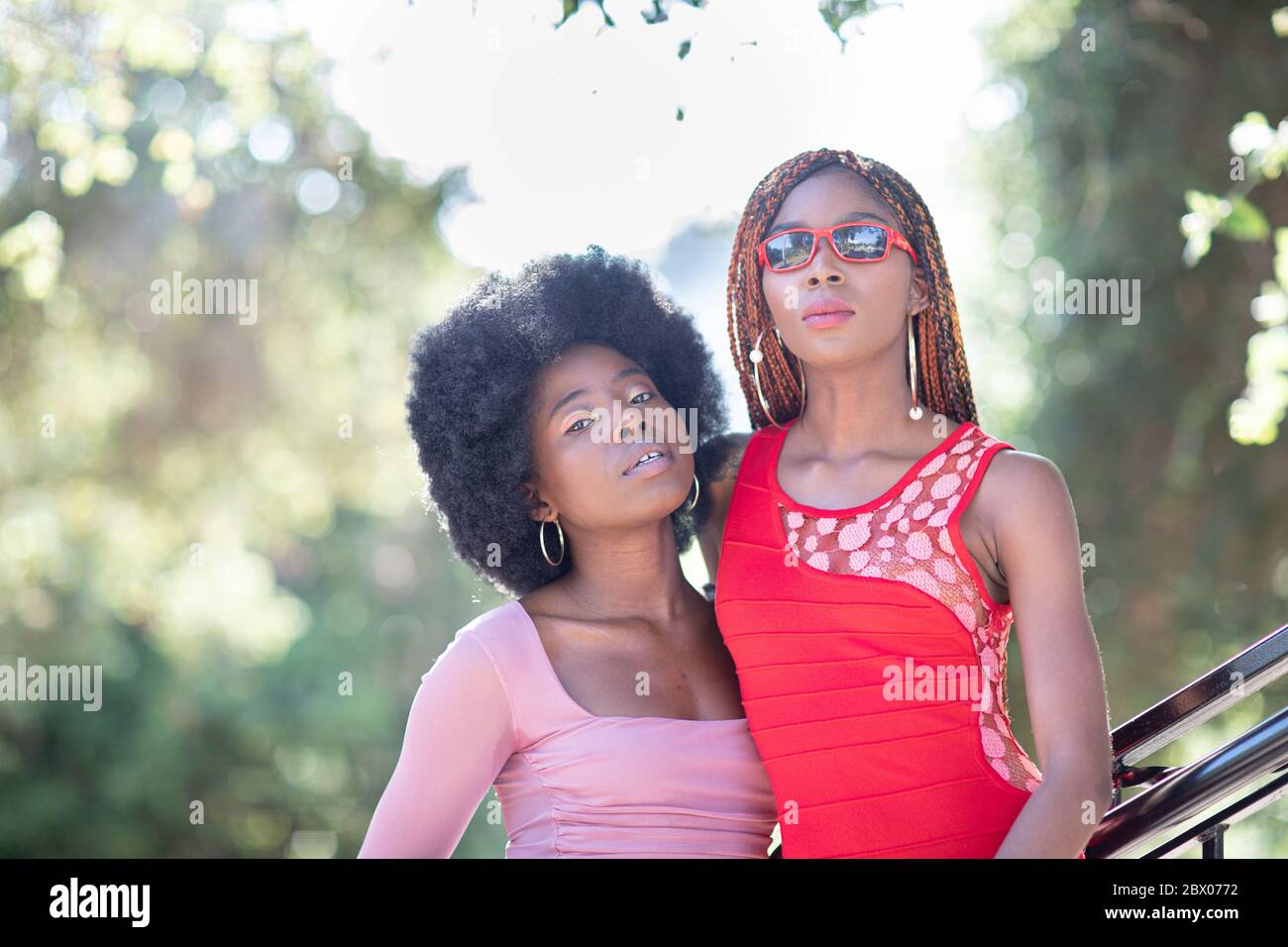 Portrait de deux belles femmes afro-américaines à la mode debout les unes à côté des autres dans le parc. Banque D'Images