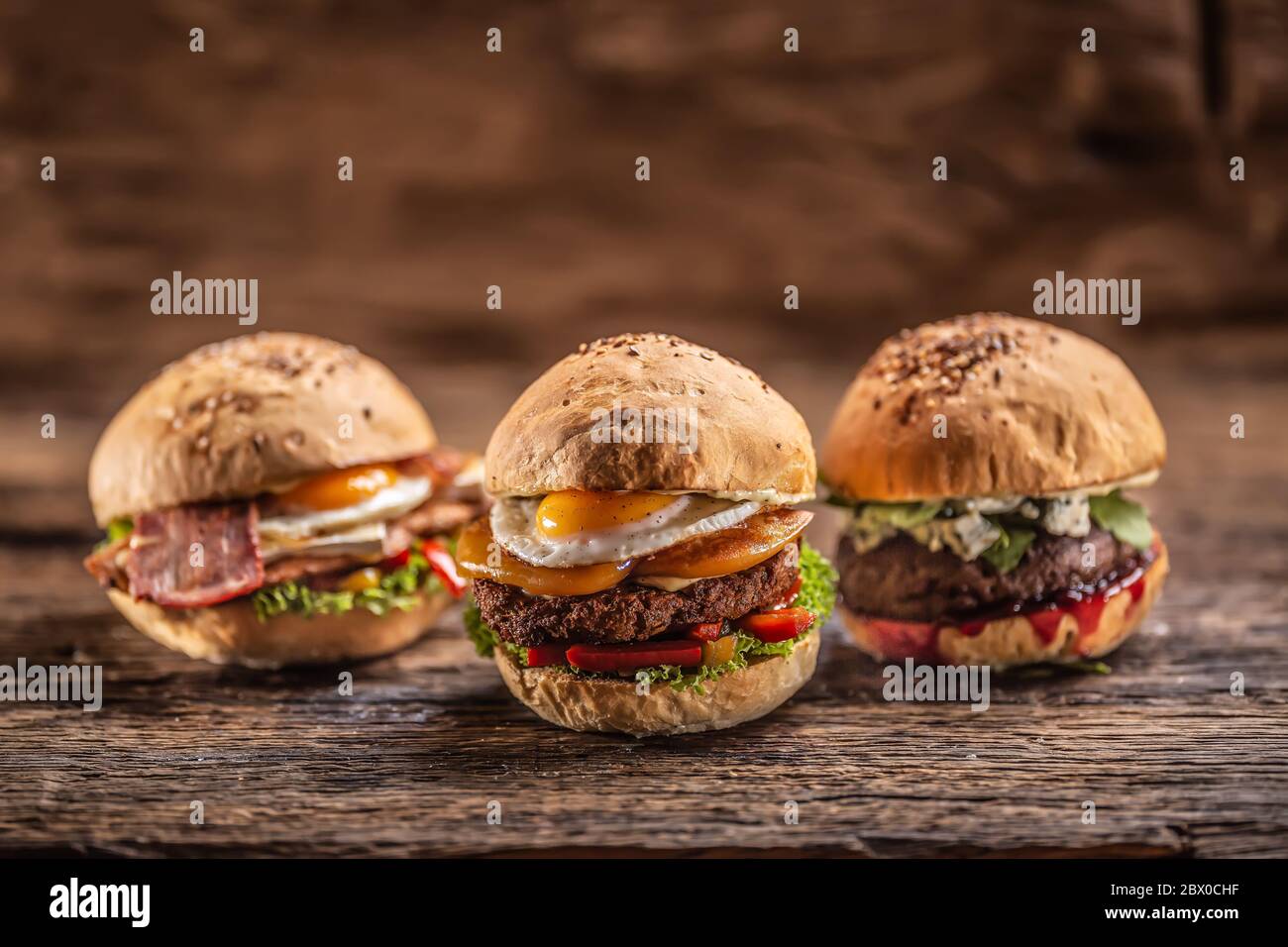 Cheeseburger, hamburger au poulet et au bœuf avec fromage bleu et sauce aux canneberges dans un cadre rustique Banque D'Images