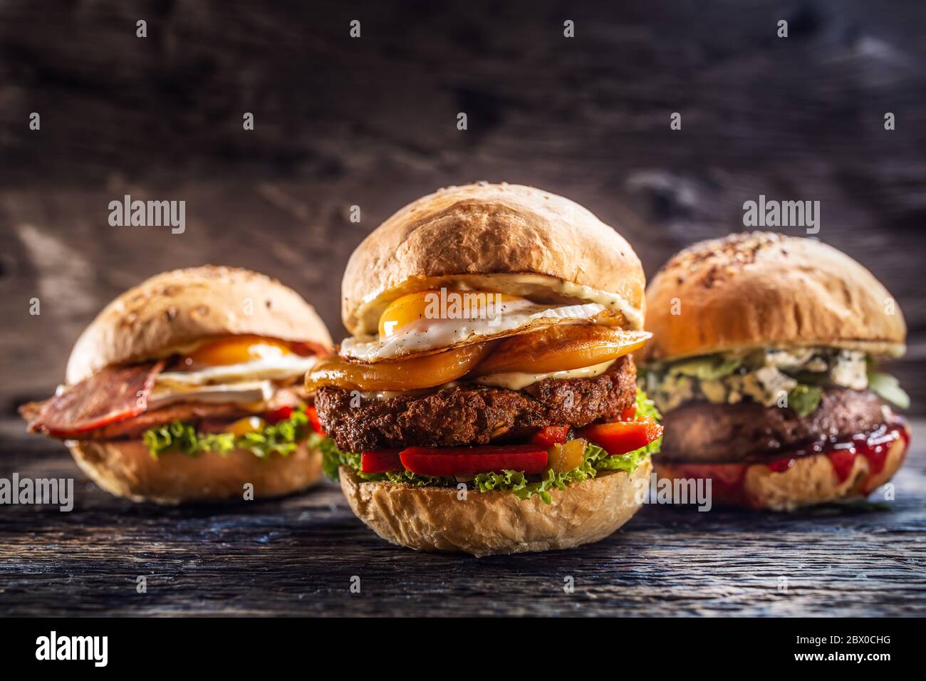 Cheeseburger, hamburger au poulet et au bœuf avec fromage bleu et sauce aux canneberges dans un cadre rustique Banque D'Images