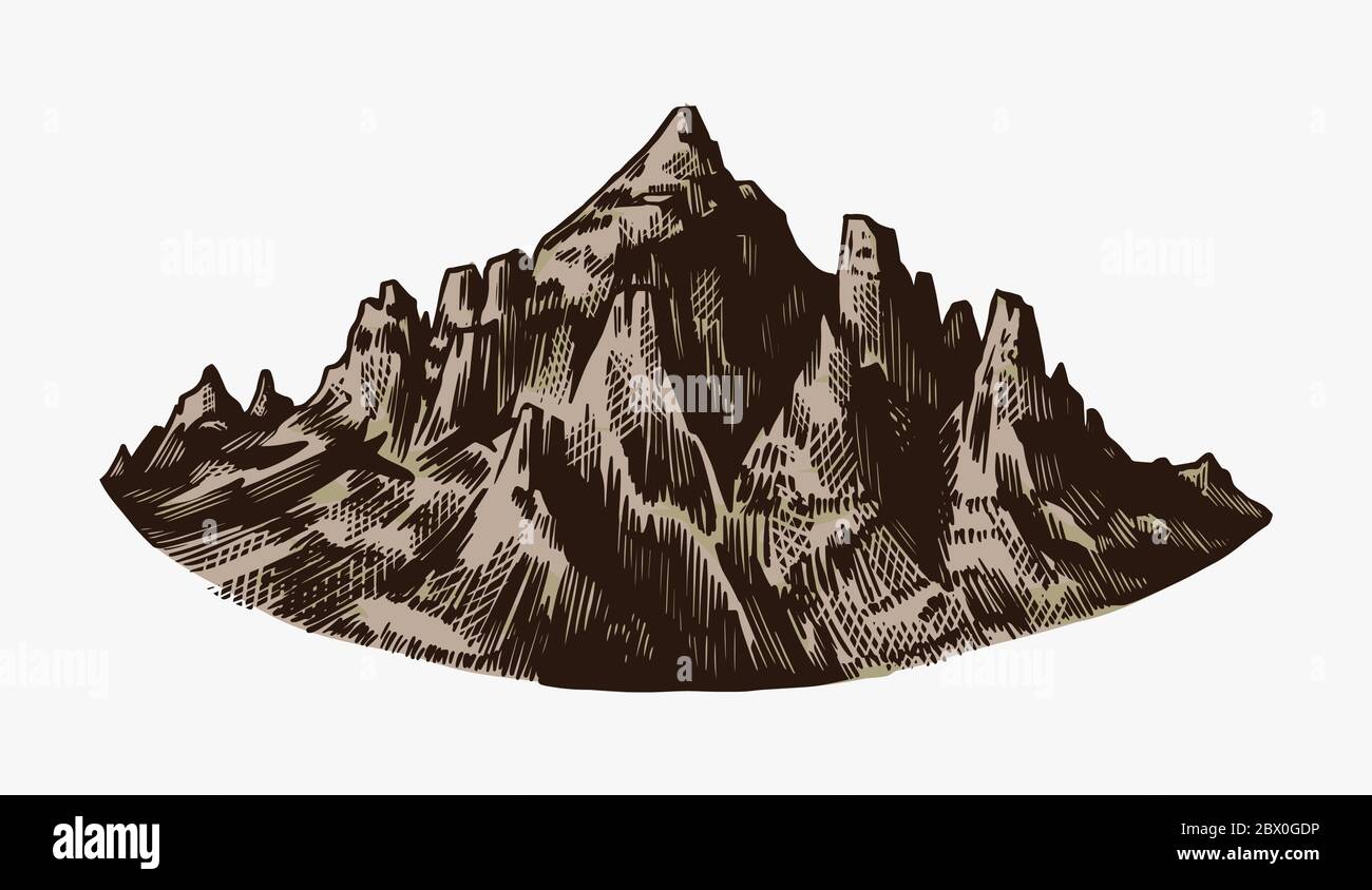 Mountain Peaks, roche d'époque, chaîne des montagnes anciennes. Esquisse extérieure vectorielle dessinée à la main de style gravé. Illustration vectorielle pour carte de randonnée, escalade Illustration de Vecteur