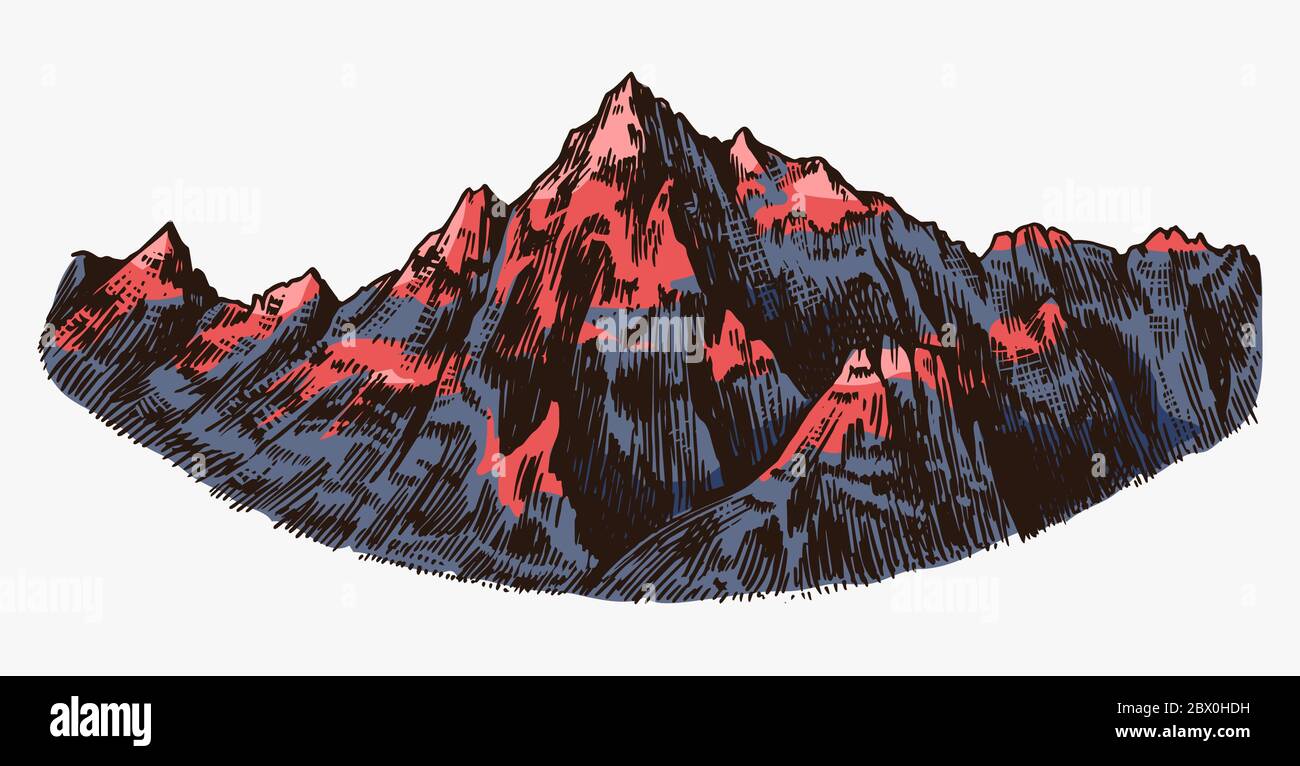 Mountain Peaks, roche d'époque, chaîne des montagnes anciennes. Chamonix-Mont-blanc. Dessin des Alpes vectorielles dessinées à la main, de style gravé. Illustration vectorielle pour Illustration de Vecteur Mountain Peaks, roche d'époque, chaîne des montagnes anciennes. Chamonix-Mont-blanc. Dessin des Alpes vectorielles dessinées à la main, de style gravé. Illustration vectorielle pour Illustration de Vecteur