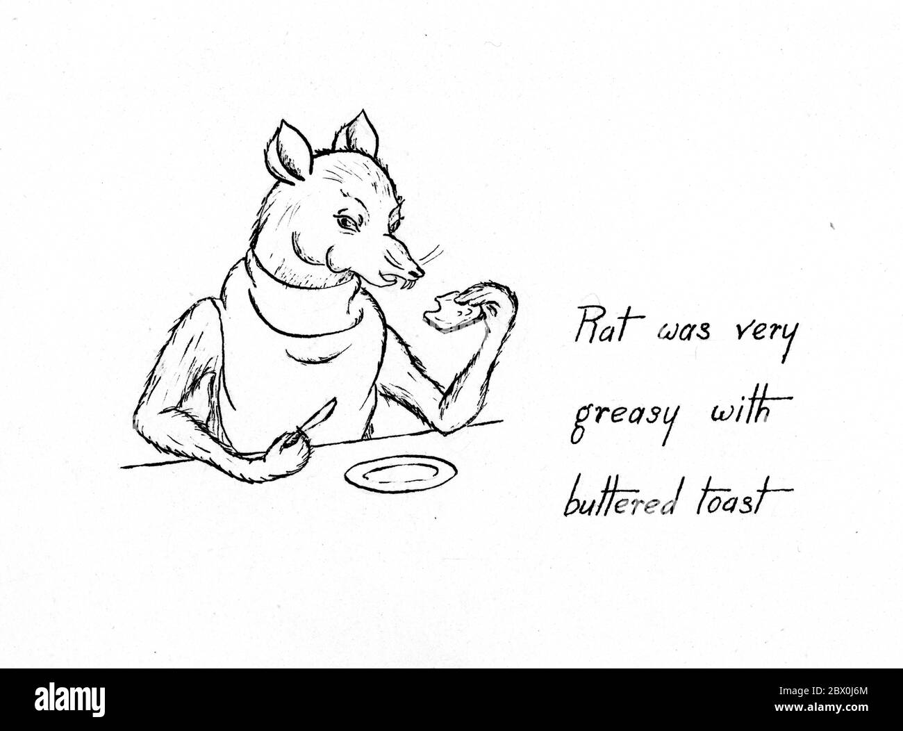 « la cloche de la porte d'entrée s'est claquée fort, et le Rat, qui était très gras avec du pain grillé, a envoyé Billy, le petit hérisson, pour voir qui il pourrait être. » - dessin/croquis original non publié de la rédaction Elizabeth Ince (1927-1972) pour illustrer le vent de Kenneth Grahame dans les Willows Banque D'Images