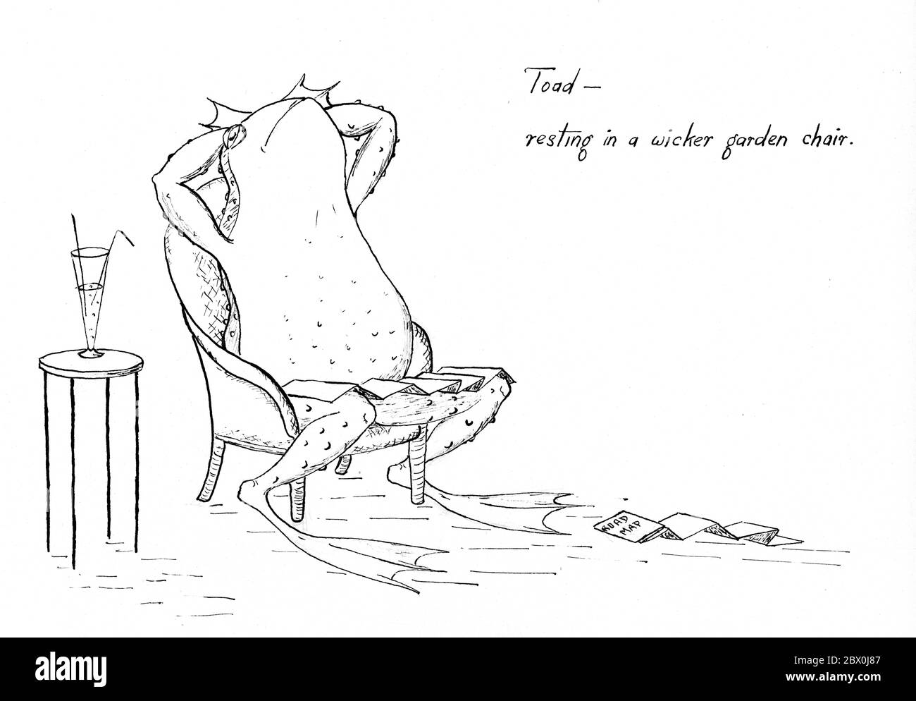 « ils se sont produits actuellement sur [Toad] se reposant dans un fauteuil de jardin en osier, avec une expression du visage préoccupée, et une grande carte s'étalait sur ses genoux. » - dessin/croquis original non publié de la rédaction Elizabeth Ince (1927-1972) pour illustrer le vent de Kenneth Grahame dans les Willows Banque D'Images