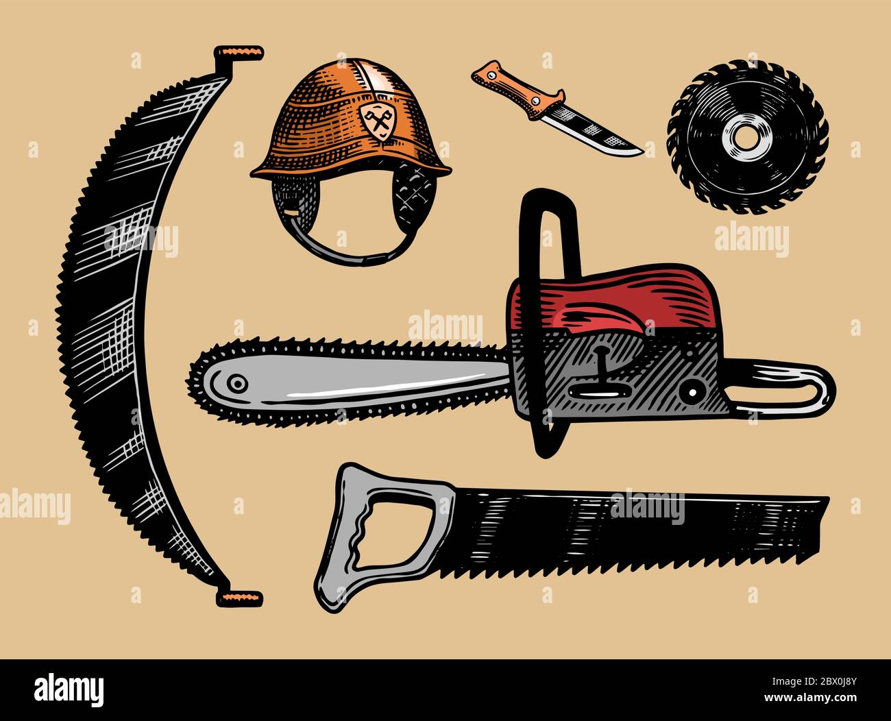 Outils pour couper des arbres. Scie ou tronçonneuse et casque. Instruments domestiques. Éléments dessinés à la main. Illustration vectorielle. Esquisse Vintage monochrome gravée. Illustration de Vecteur