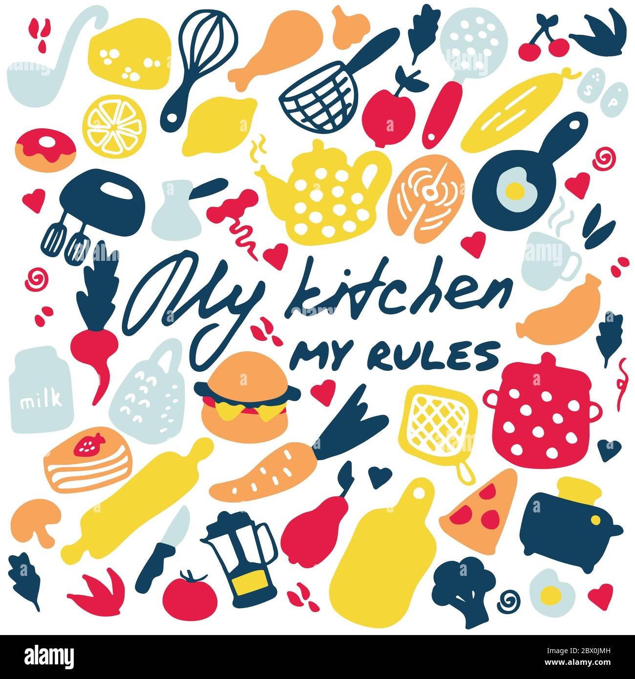 Grand ensemble de produits de cuisine. Des icônes de cuisine, des appareils de cuisine, des produits et des plats. Graphique dessiné à la main. Inscription Ma cuisine - m Banque D'Images