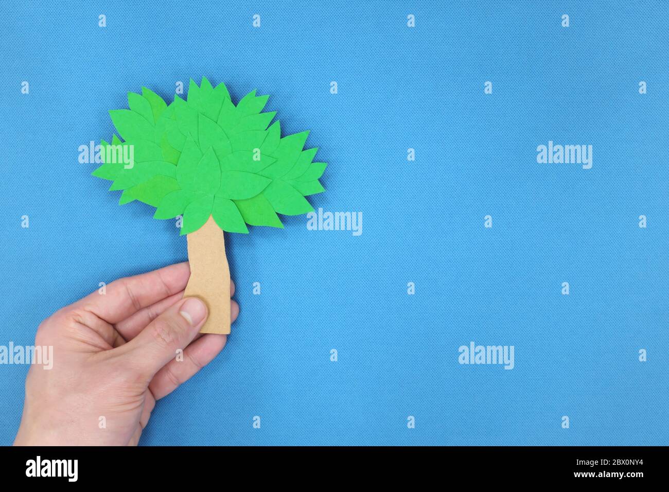 Plante un arbre, concept de reboisement. Mains tenant un arbre sur fond bleu. Découpe en carton Banque D'Images