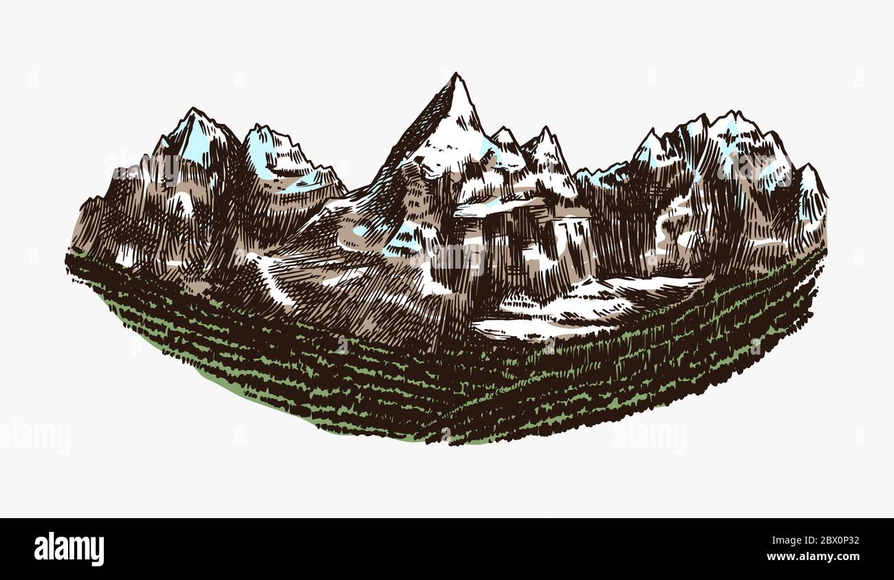 Mountain Peaks, roche d'époque, chaîne des montagnes anciennes. Esquisse extérieure vectorielle dessinée à la main de style gravé. Illustration vectorielle pour carte de randonnée, escalade Illustration de Vecteur