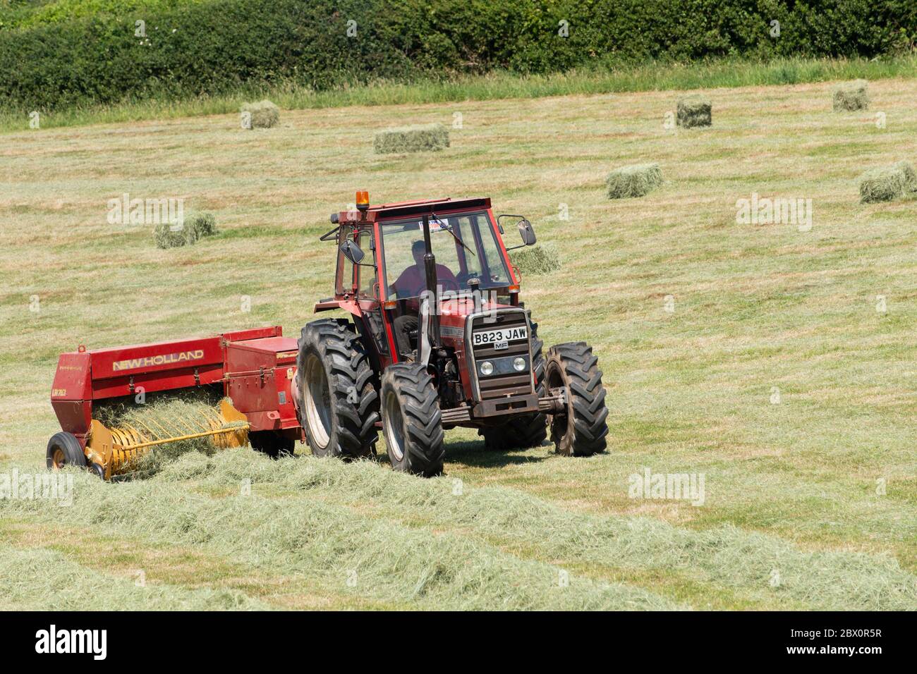Pressage de foin dans la vallée de Conwy, au nord du pays de Galles Banque D'Images