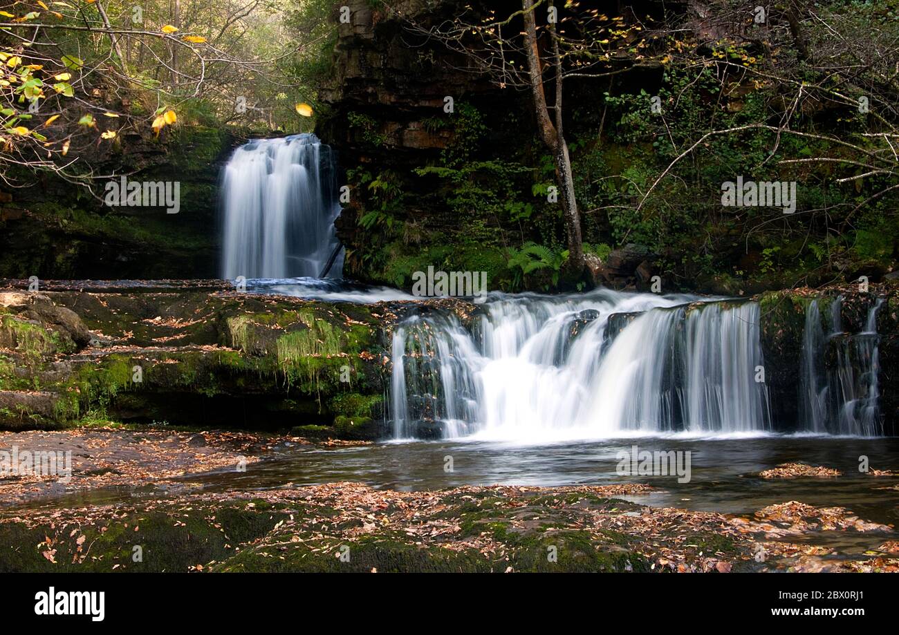 Sgwd Ddwli ISAF ou Lower Gushing Falls sur la rivière Fechan dans le parc national de Brecon Beacons, Galles du Sud, Royaume-Uni Banque D'Images