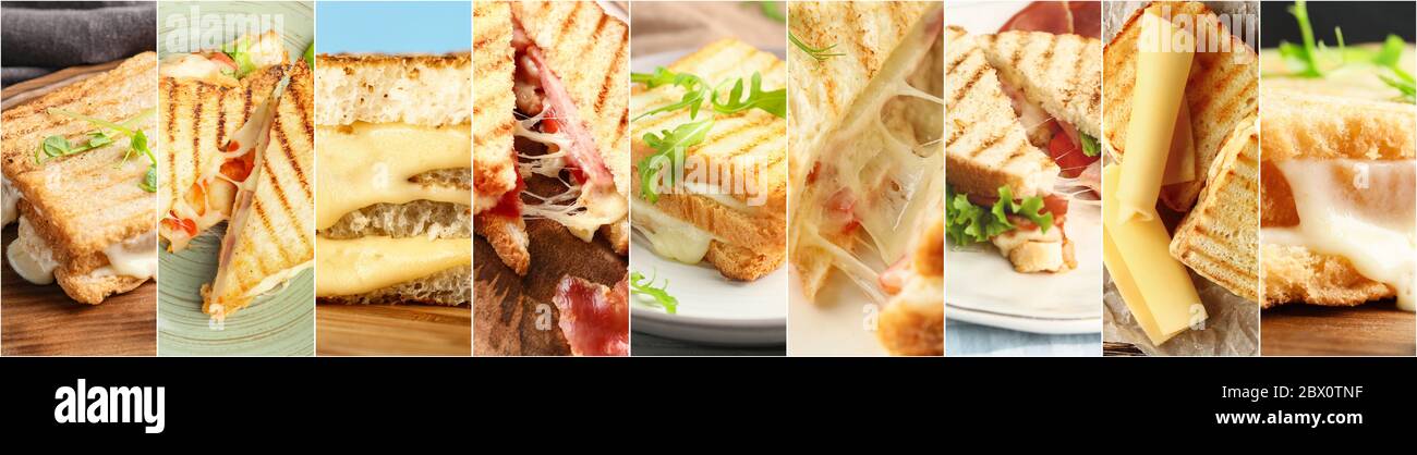 Collage de photos avec des sandwiches savoureux Banque D'Images